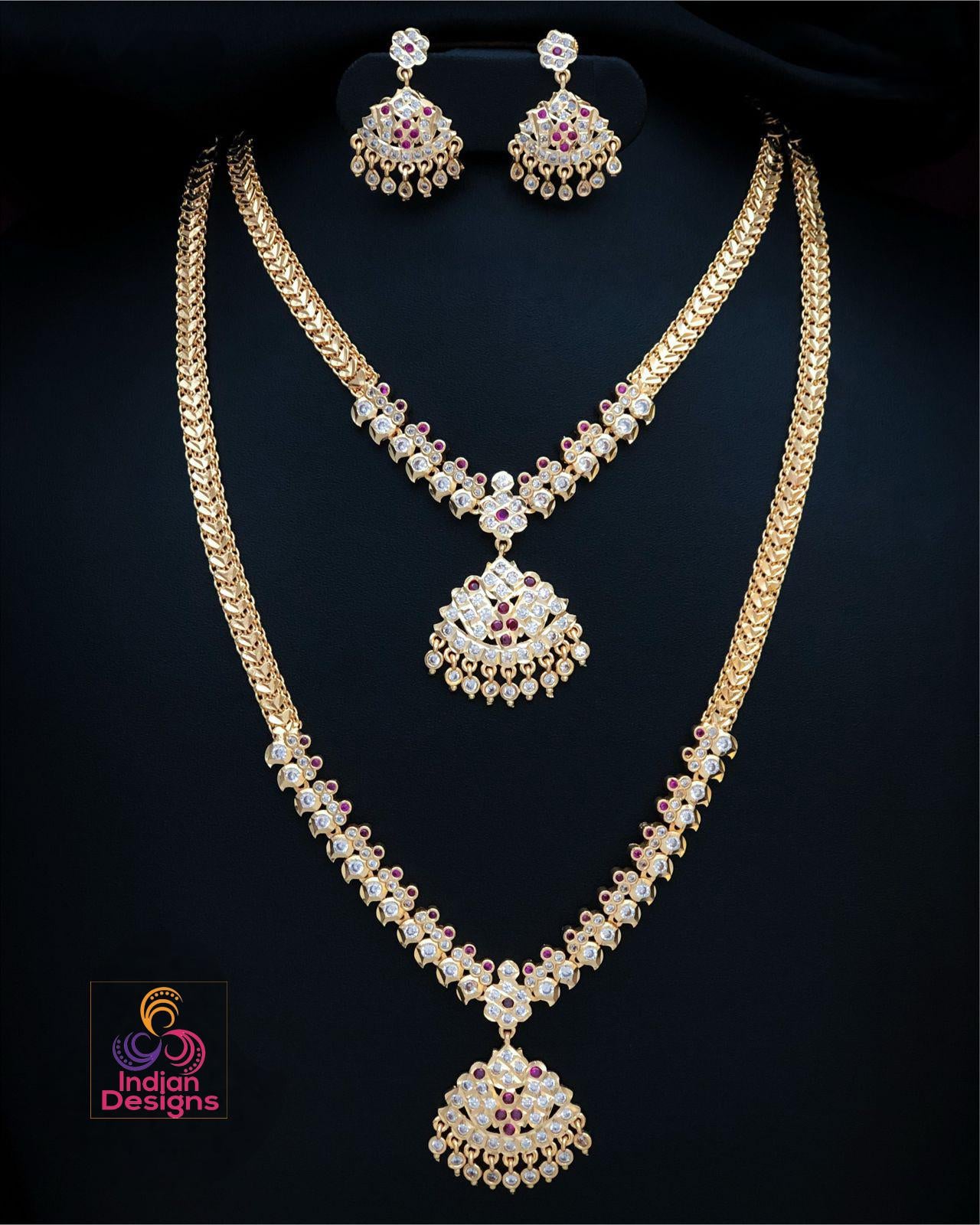Gold-Plated Attigai Necklace & Earrings with CZ Stones| AD stone Long-short necklace combo| South Indian style Wedding Jewelry| gift for her