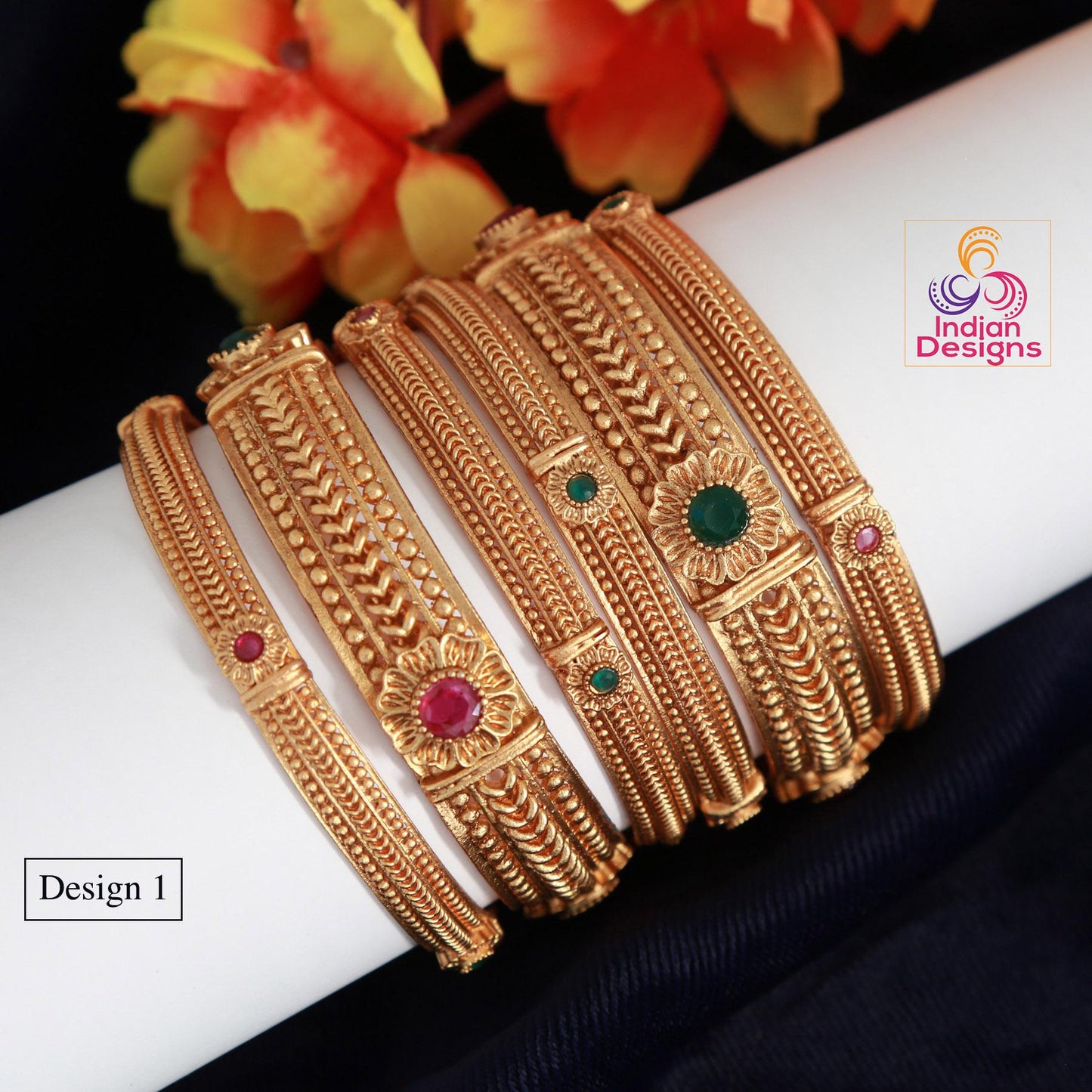 Matte Gold-Plated Party wear Bangle Bracelets set of 8 | Lightweight Stackable Bangles for Women| South Indian Bangles| Gift for her
