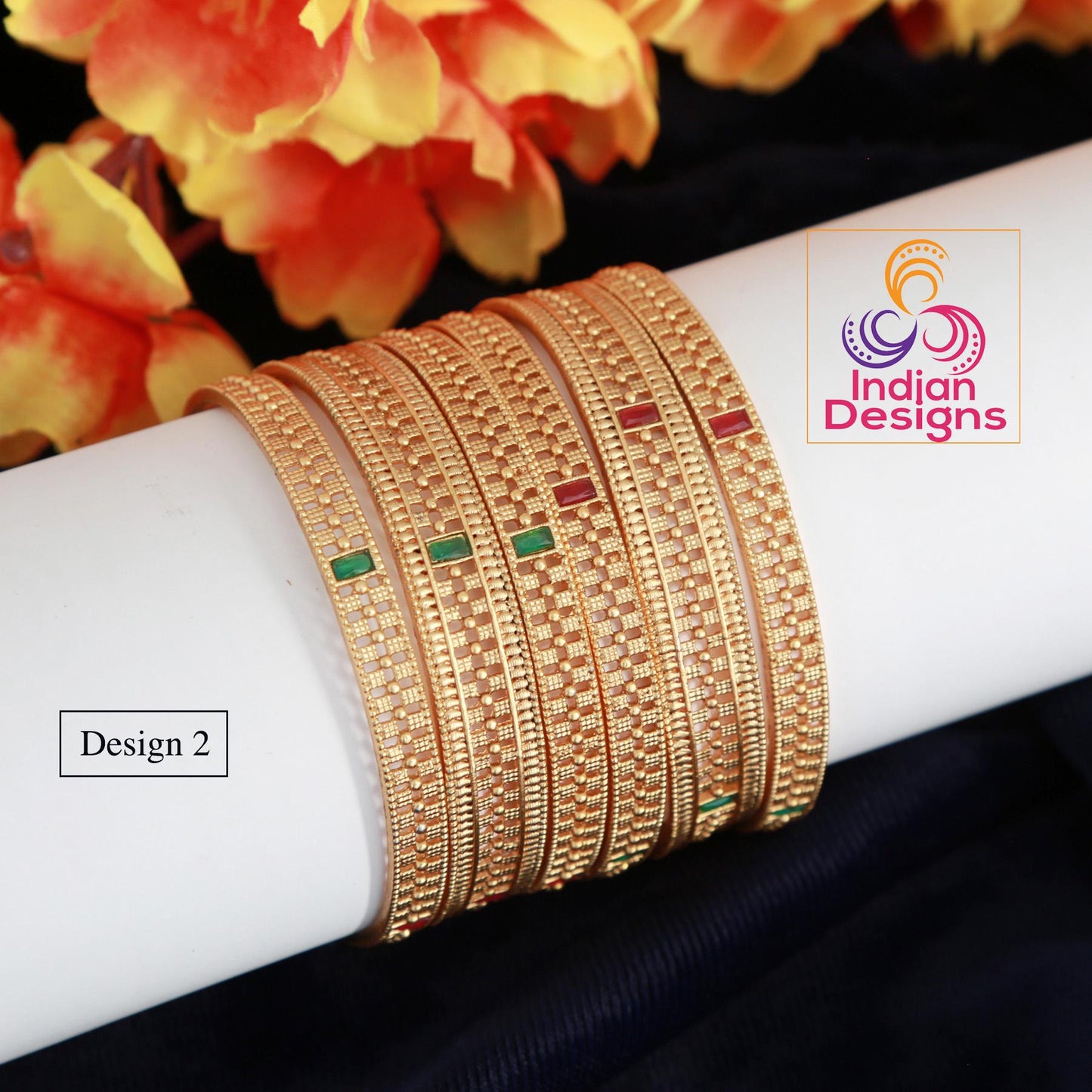 Matte Gold-Plated Party wear Bangle Bracelets set of 8 | Lightweight Stackable Bangles for Women| South Indian Bangles| Gift for her