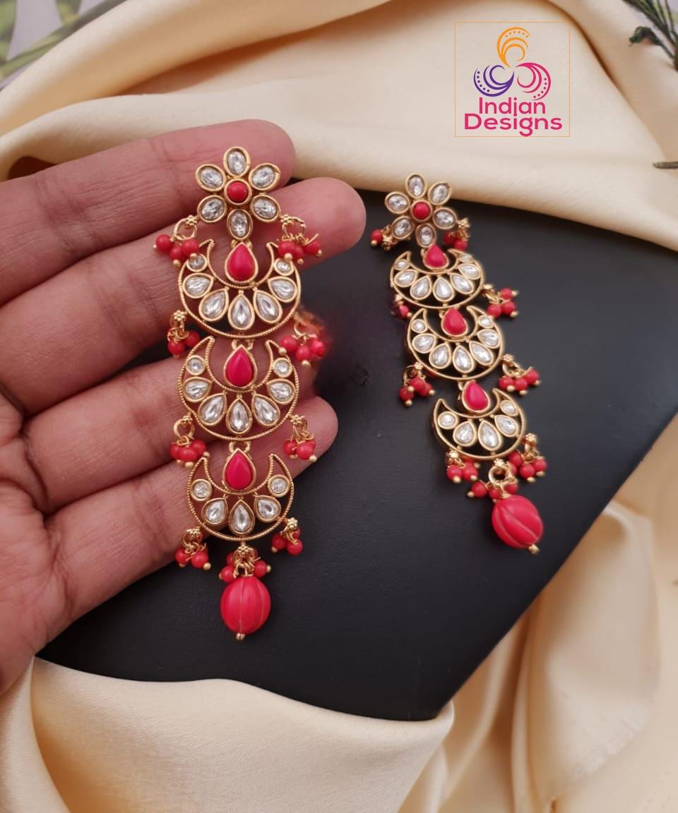 Traditional Coral Red & White Stone Earrings with Gold Detailing – Indian Bollywood Style Earrings Jewelry with Beaded Dangles|Gift for Her