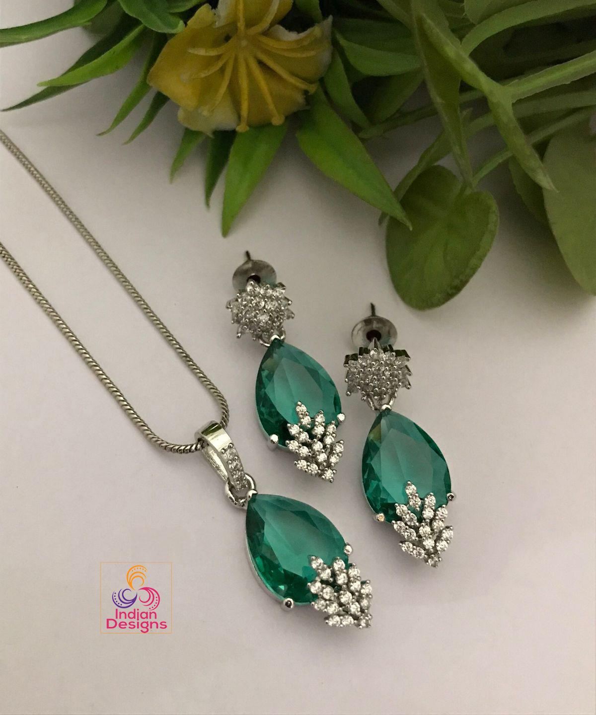 Tear Drop Pendant & Earrings Set with CZ Stones| Pink pendant set| dainty earrings| pendant with chain| wedding pendant set| Gift for her