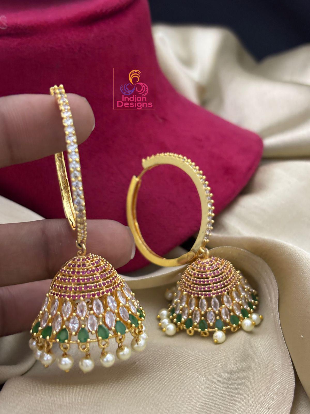 Big Cz diamond Jhumkas Earrings| Gold hoop earrings| American Diamond Jhumka Jhumki Earrings with Pearl drops|Trendy Earrings| Gift for her