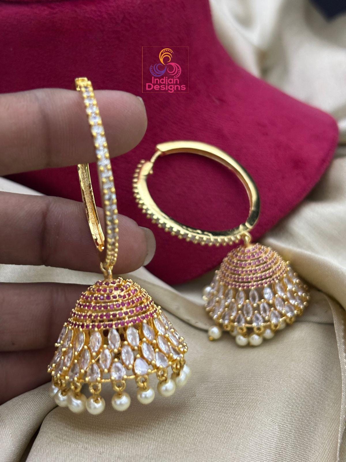 Big Cz diamond Jhumkas Earrings| Gold hoop earrings| American Diamond Jhumka Jhumki Earrings with Pearl drops|Trendy Earrings| Gift for her