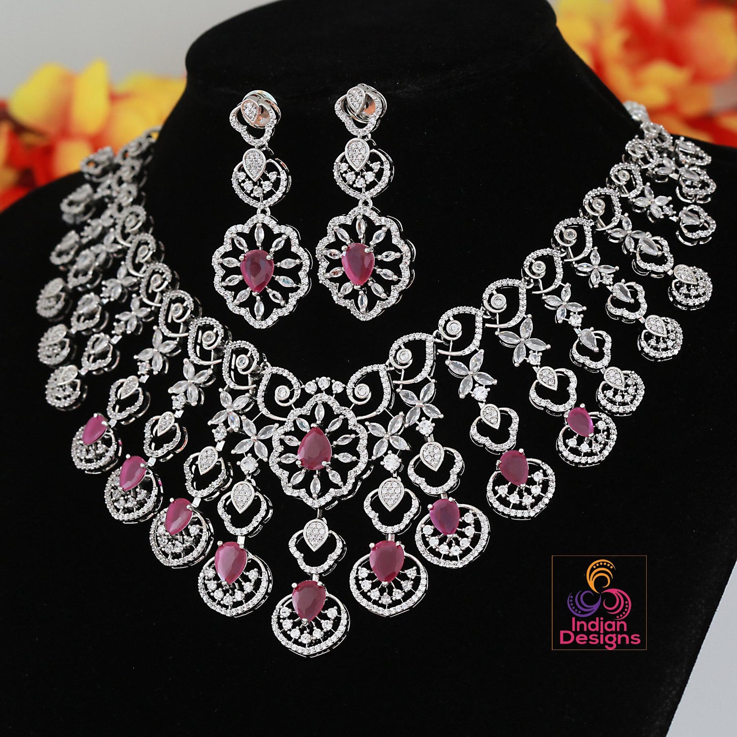 Bridal CZ Choker Necklace Set| American Diamond Necklace with Earrings| Wedding Jewelry| Indian AD Jewelry| Emerald Ruby Mint White Variants