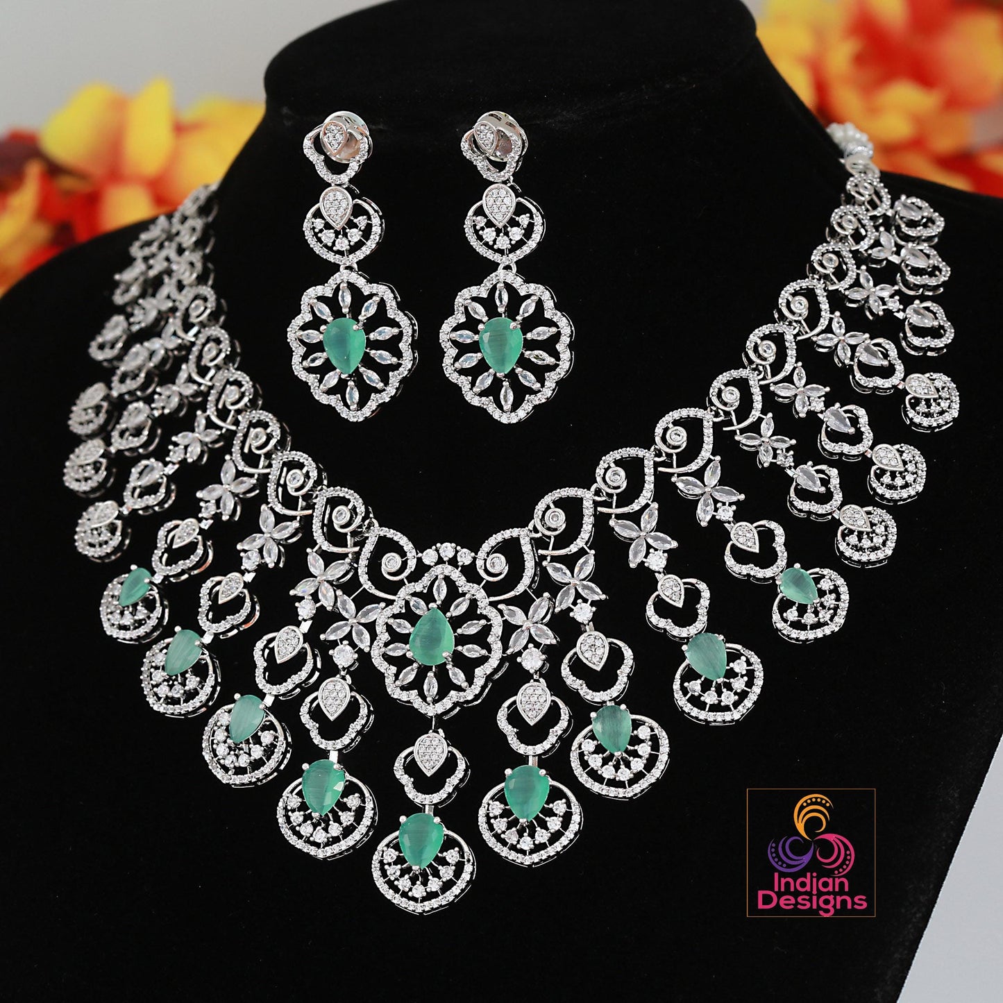 Bridal CZ Choker Necklace Set| American Diamond Necklace with Earrings| Wedding Jewelry| Indian AD Jewelry| Emerald Ruby Mint White Variants