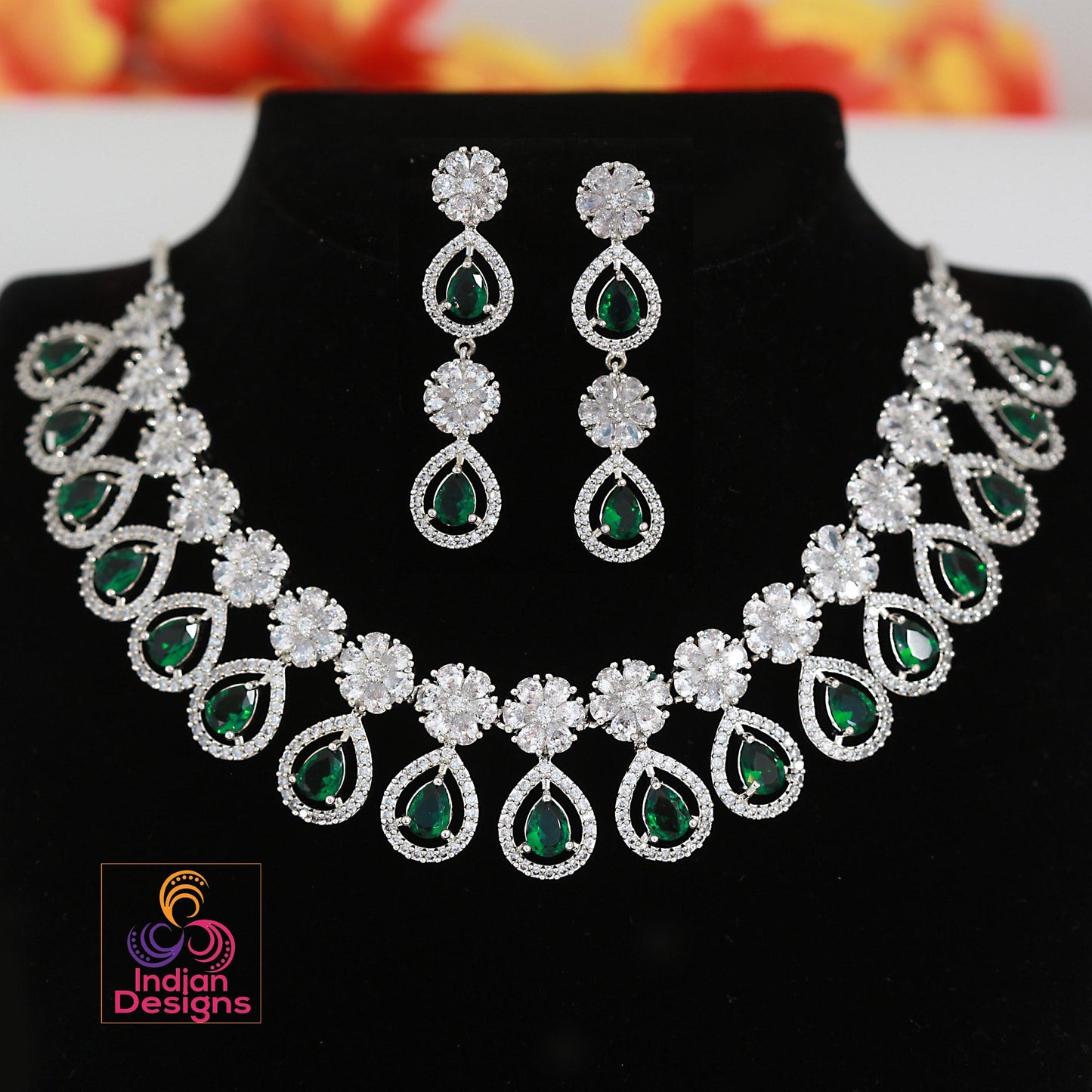 Green Teardrop AD Necklace Set| American Diamond Choker with Earrings| Bridal CZ Stone Jewelry| Party Wear Indian Necklace Set| Gift for Her