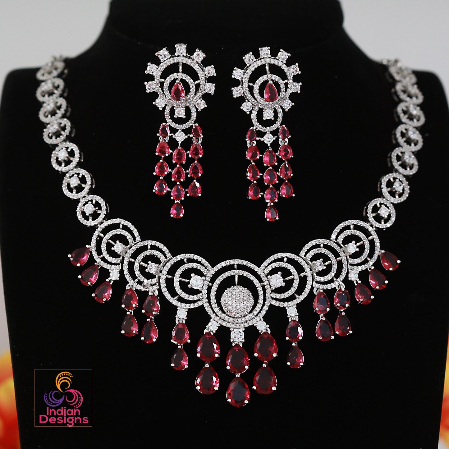 Circles & Teardrop Stone Necklace Set | Bridal Jewelry Set with Earrings | CZ Diamond Necklace | Available in Multiple Colors | Gift for Her