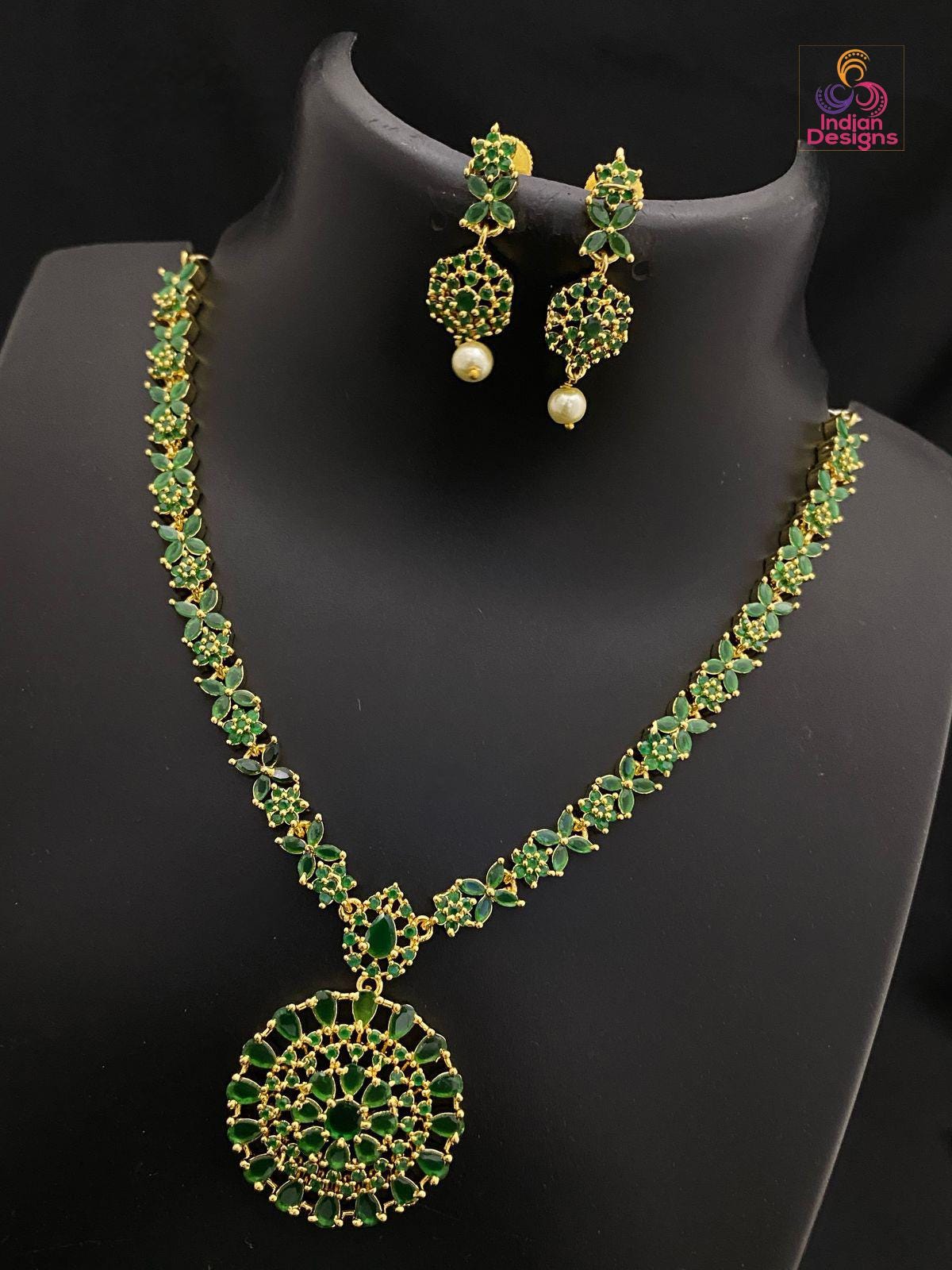 American Diamond Gold necklace |Gold Plated emerald necklace Floral pattern| Beautiful Ad stone necklace| south indian jewelry| Gift for her