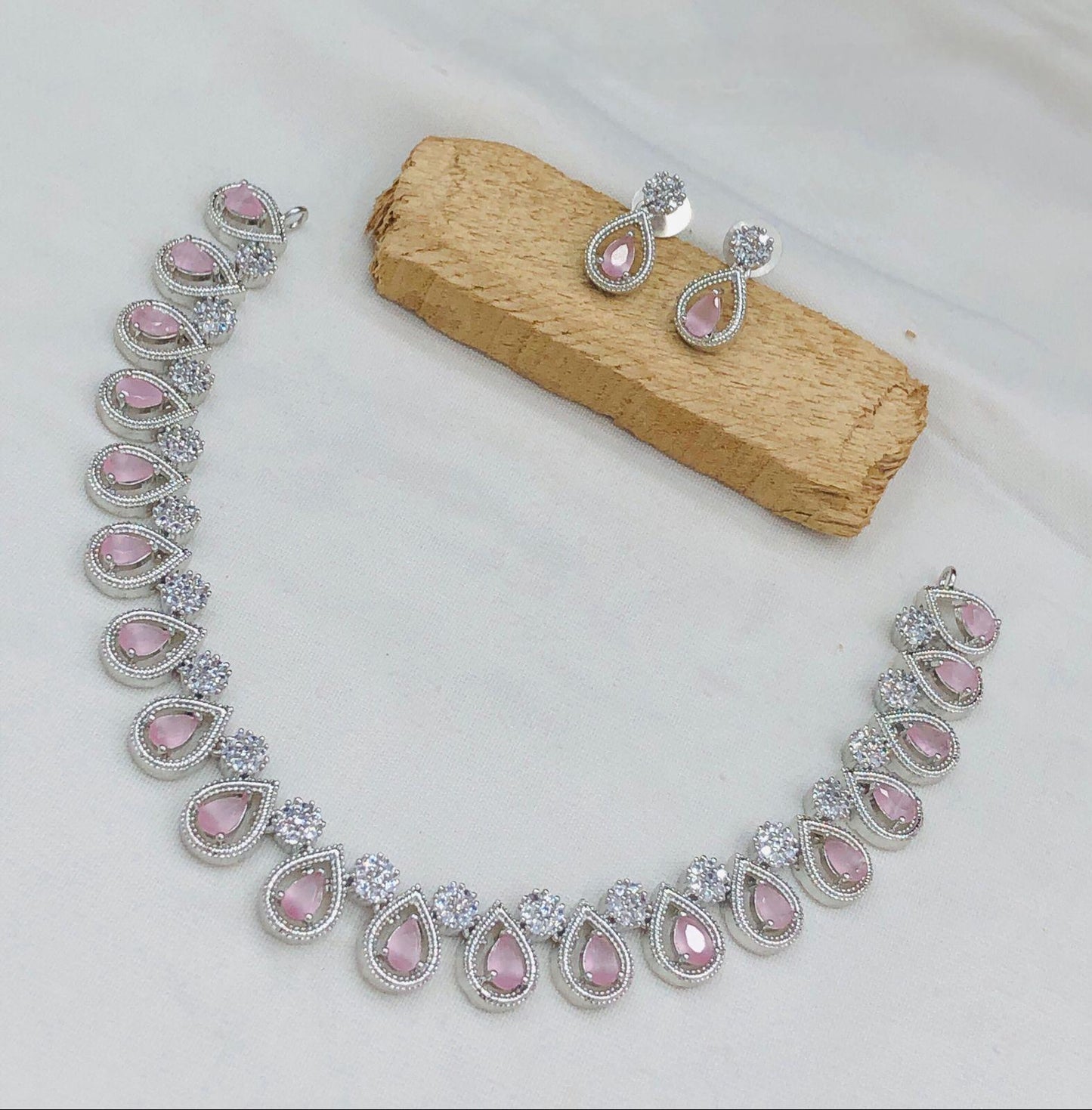 Teardrop AD Necklace Set| Silver Polish American Diamond Jewelry| CZ Stone Pendant Set & Earrings| Indian Party Wear Necklace| Gift for her