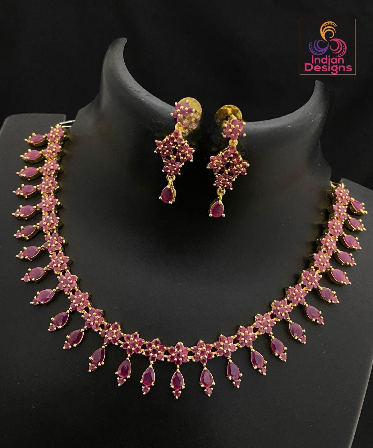 CZ Stone Floral Necklace Set| Ruby & Green Choker Necklace Earrings|Gold Plated American Diamond Wedding Jewelry|Indian Jewelry|Gift for her