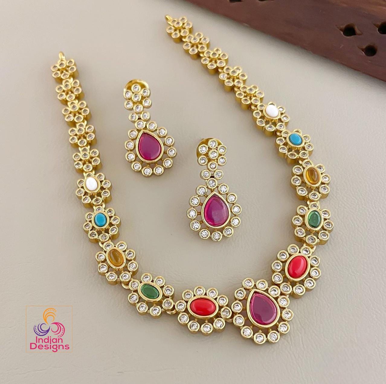 Navaratna Style Multicolor Necklace Earrings Set| Gold Plated Ethnic Jewelry| Indian jewelry| Light-weight Party wear jewelry| Gift for her