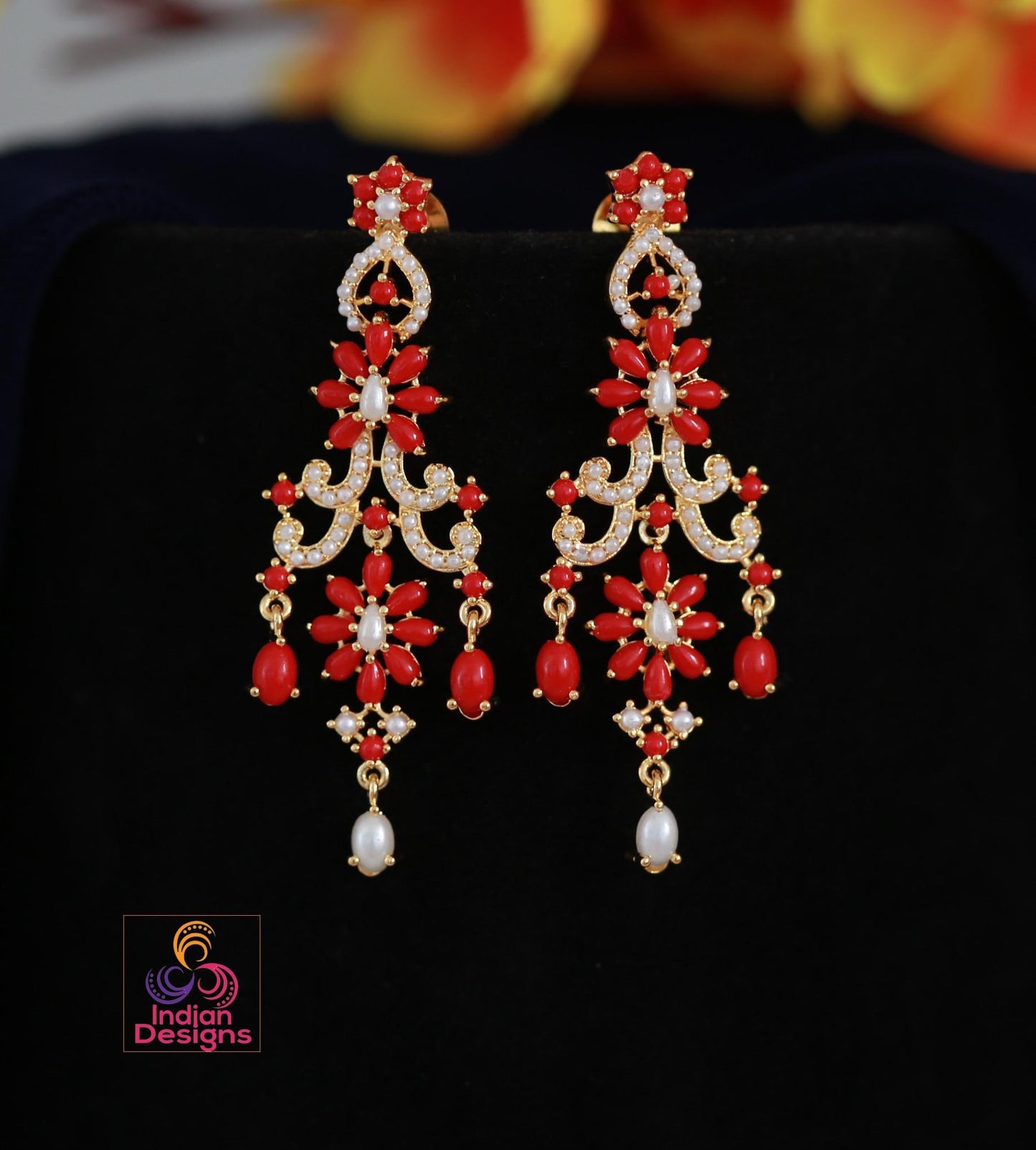 Turquoise Blue Drop Earrings| Pearl Beaded Ethnic Earrings| Indian Wedding Jewelry| Floral Top Dangle Earrings| Statement Gift for Her