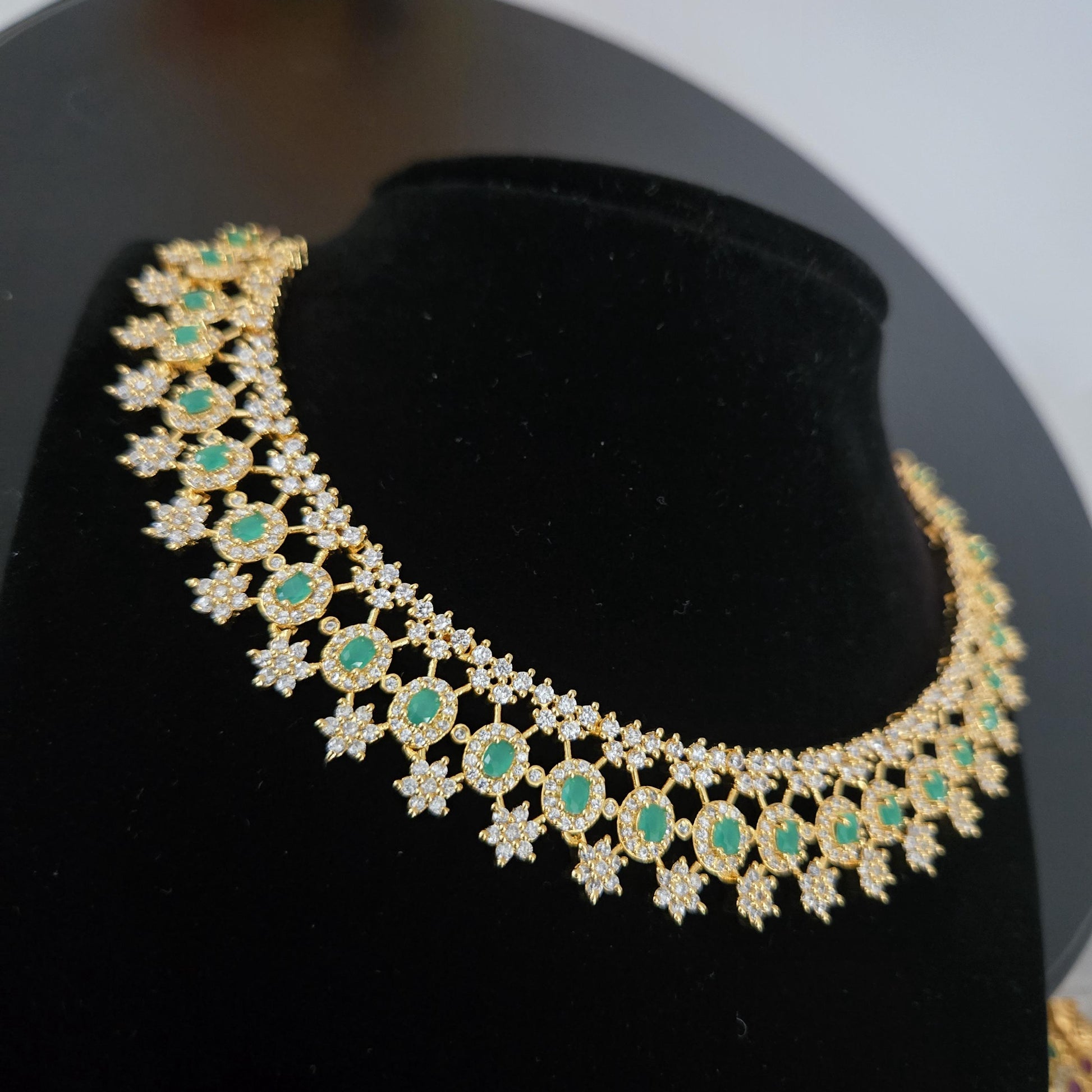 Emerald Green CZ Stone Necklace with Earrings| American Diamond Bridal Choker Set| Indian Wedding Jewelry| Party Wear Statement Necklace