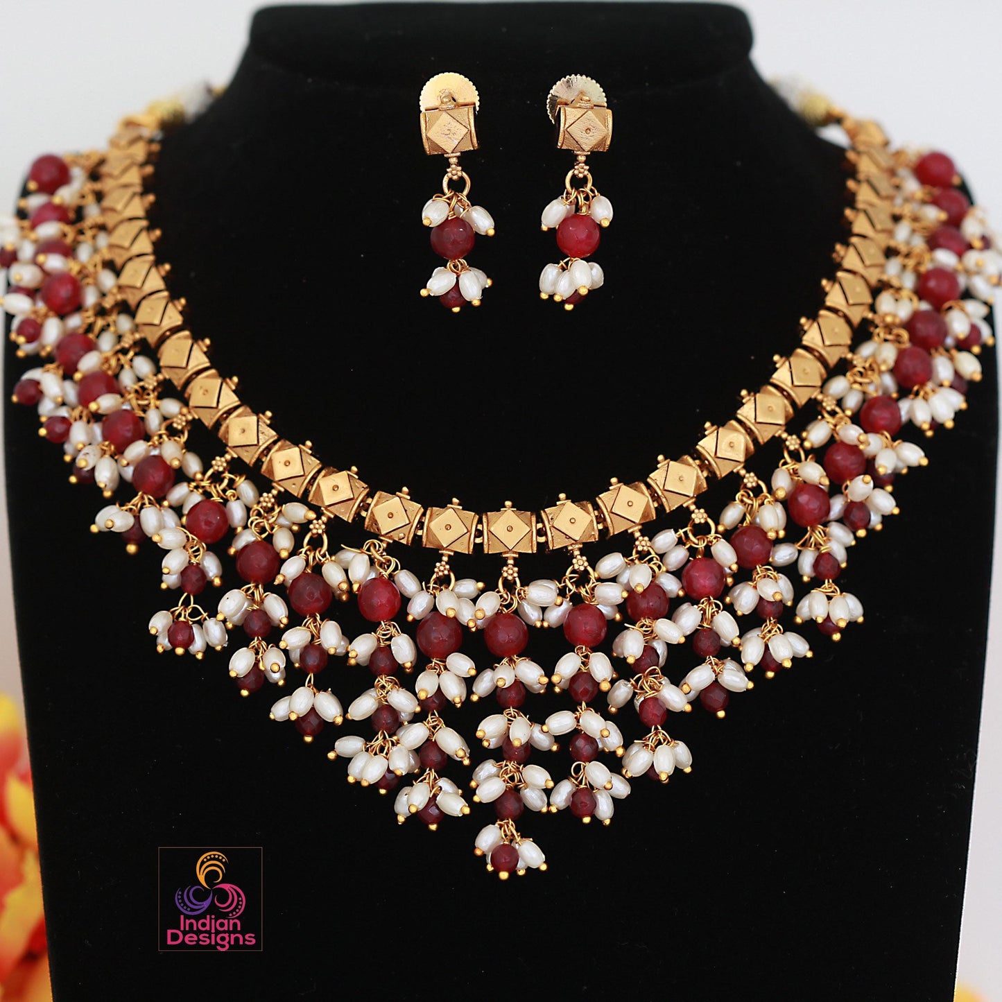 Red Bead & Pearl Necklace Set | Gold Plated Traditional Choker | Indian Bridal Jewelry | Festive Necklace Set with Earrings | Gift for Her