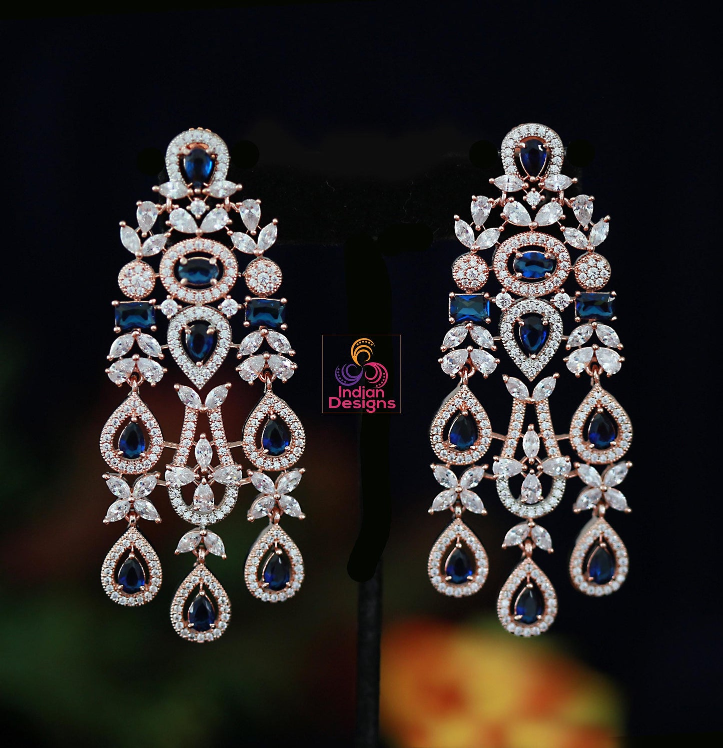 Rose Gold & Sapphire Blue Chandelier Earrings| Long Drop American Diamond Earrings|Indian Wedding Party Wear Statement Earrings|Gift for her