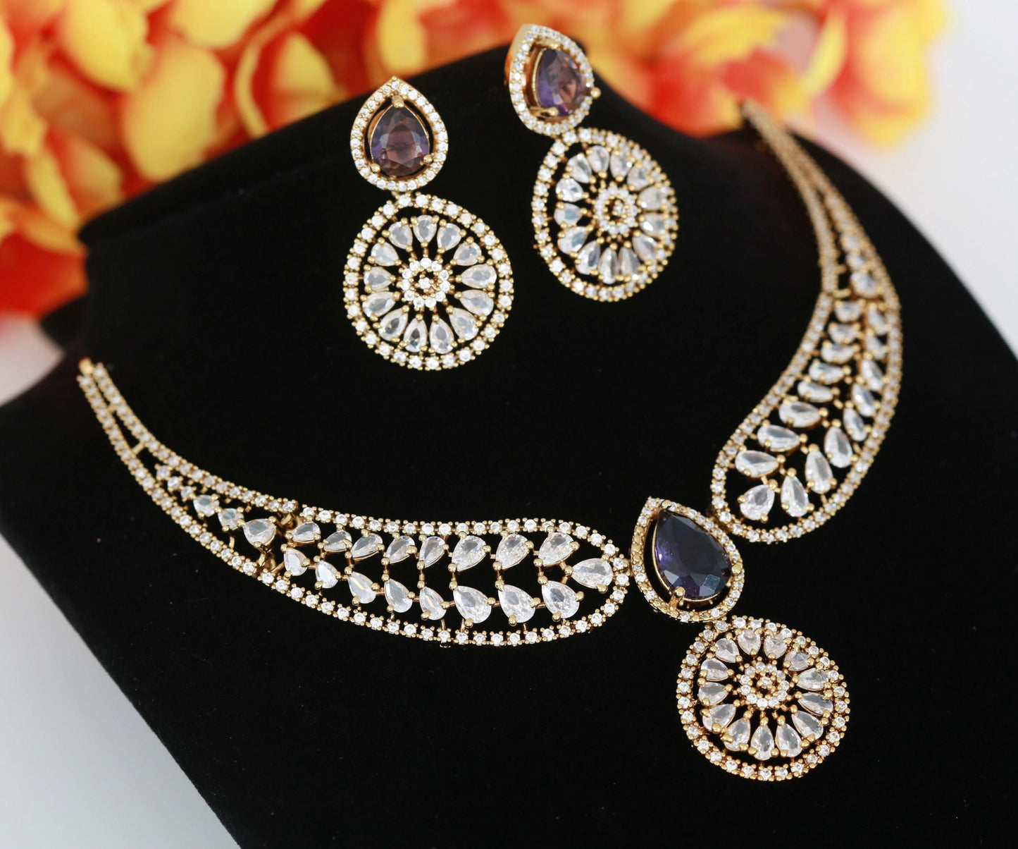 Elegant CZ Necklace Set -Pink, Mint Green, Purple- Indian Style Choker Jewelry| Party wear Short necklace| Antique victorian finish neck set