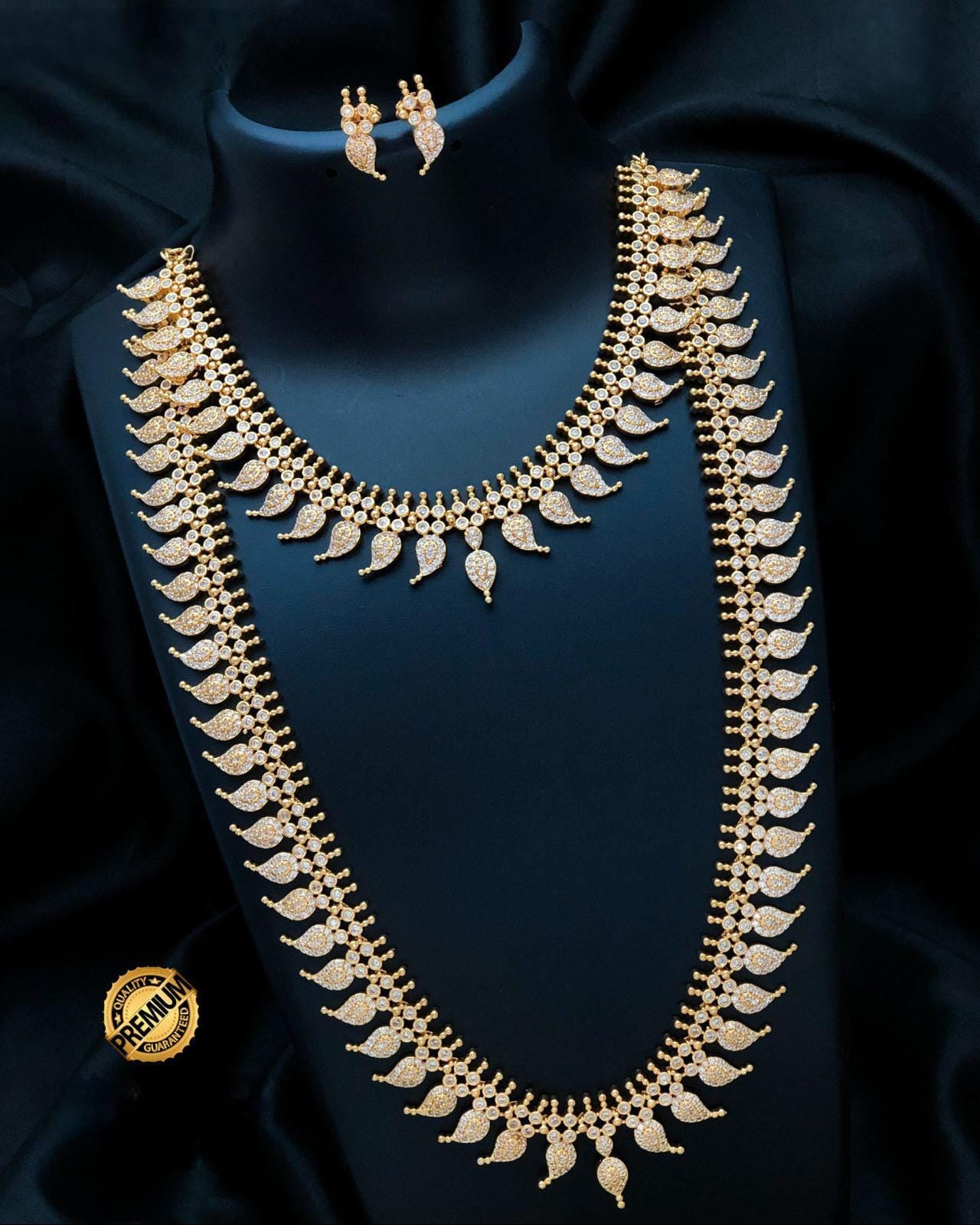 Bridal CZ Combo Necklace Set| South Indian Double Necklace with Earrings| American Diamond Gold Plated Temple Jewelry Set| Gift for Her