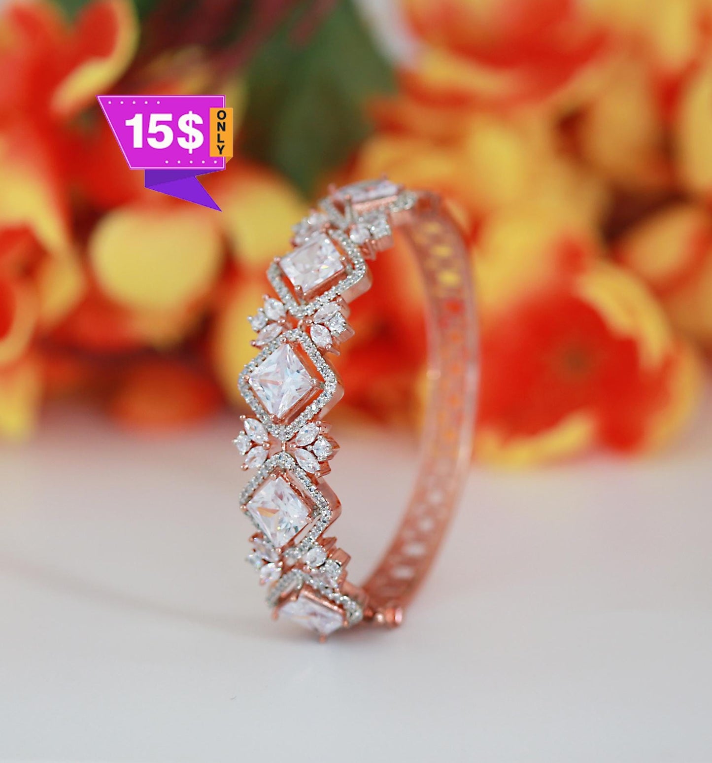 American Diamond Bangle Bracelet with CZ Stones| Rose gold floral bangle| daily wear bracelet| Party Wear Bangles| AD Bracelet| Gift for her