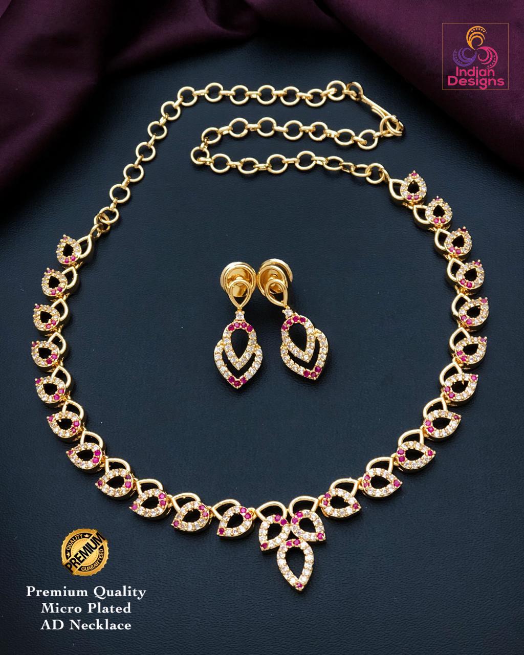 Elegant Gold Plated AD Necklace Set |CZ American Diamond choker Necklace |Indian Wedding Jewelry|Party Wear Necklace & Earrings|Gift for her