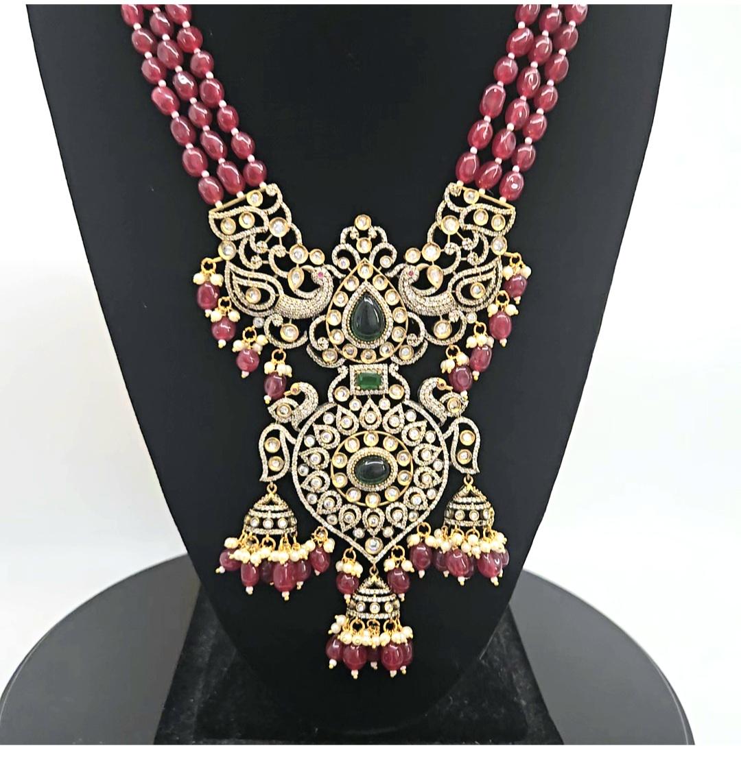 Victorian Polki Kundan Long Rani Haar Necklace Set| AD CZ Stones & Emerald Green Pendant with Multi layer necklace|Indian /Pakistani Jewelry