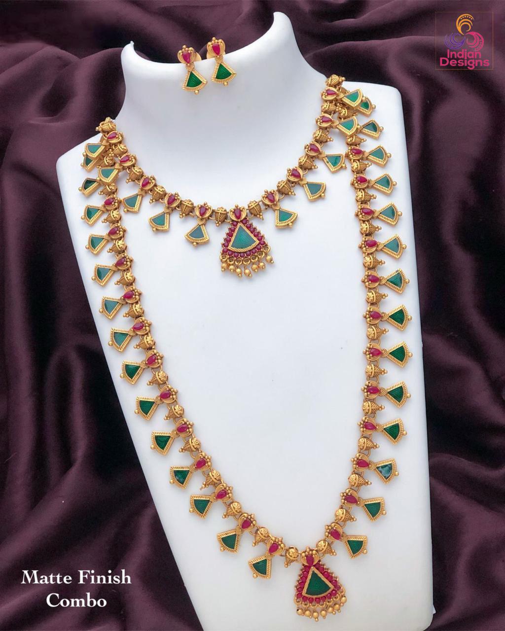 Gold Plated Green and Pink Palakka Mala Necklace combo| Traditional Jewelry| Indian wedding necklace set| Temple Jewelry| Statement necklace