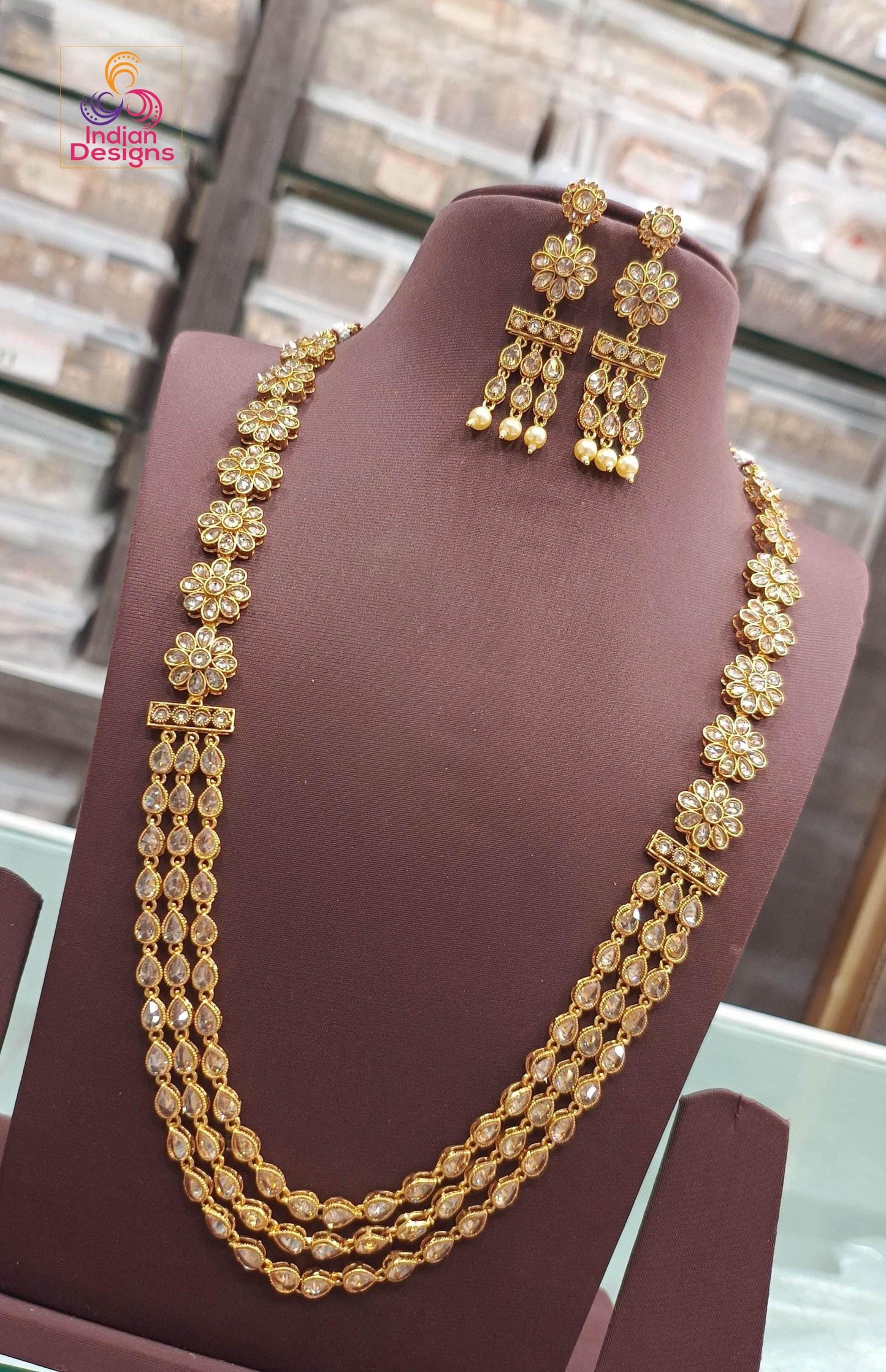 kundan style Floral Long Necklace Set with Earrings| Antique Gold Plated South Indian necklace| Wedding & Traditional Jewelry| Gift for her