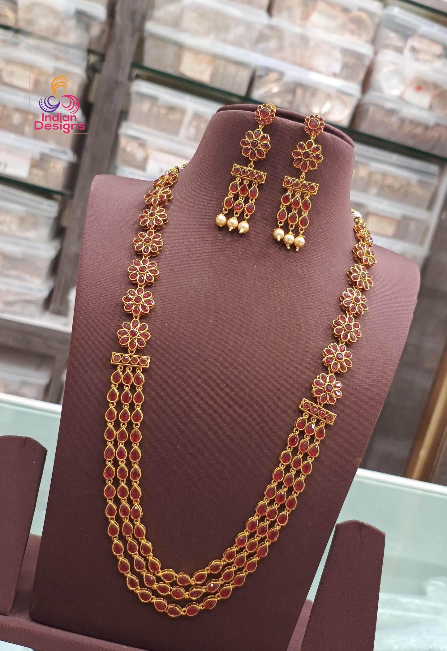 kundan style Floral Long Necklace Set with Earrings| Antique Gold Plated South Indian necklace| Wedding & Traditional Jewelry| Gift for her