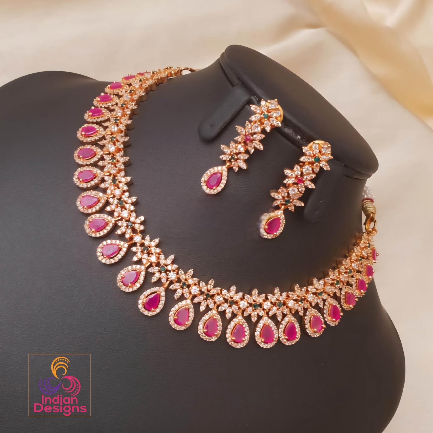 American Diamond Ruby stone necklace in Gold Polish| Party Wear Necklace with Earrings| indian wedding set| Statement Necklace| Gift for her
