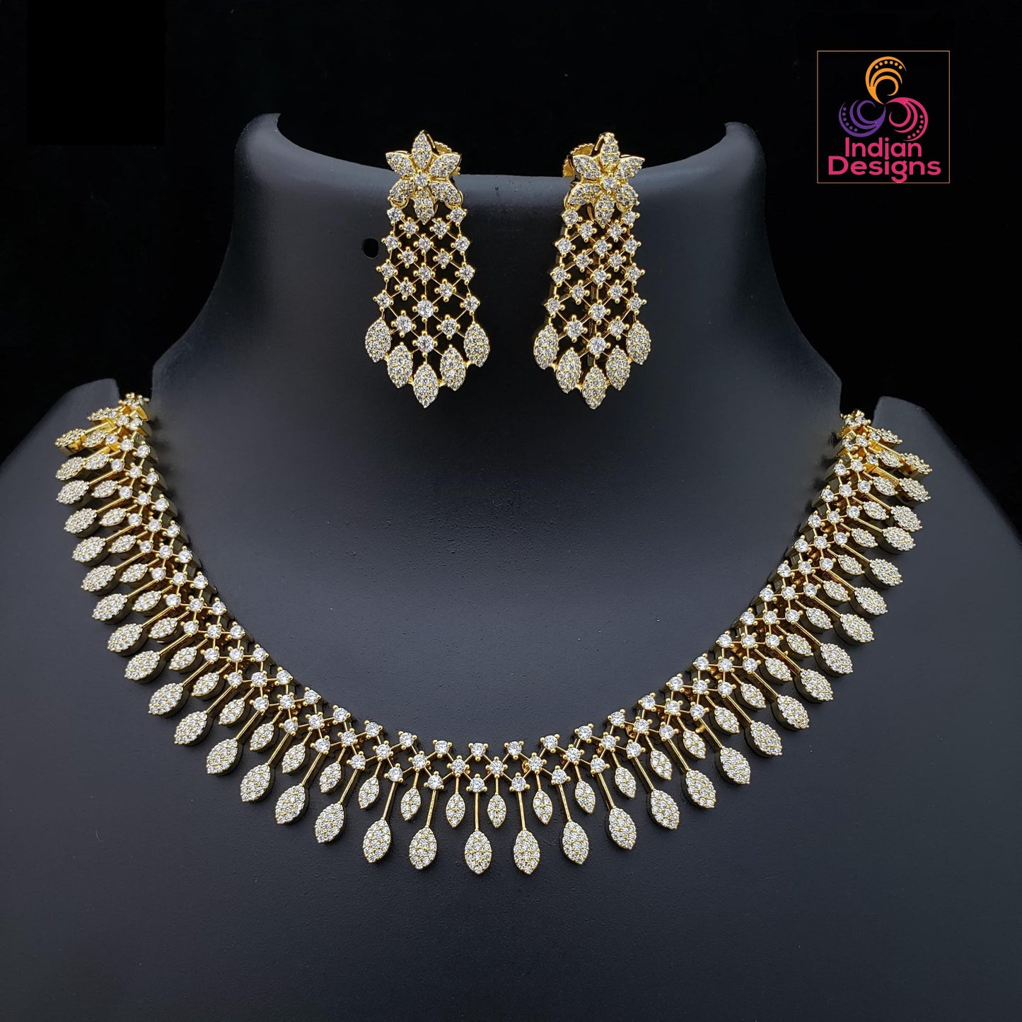 American Diamond Gold Finish Necklace Set| Statement necklace earrings| waterfall necklace| Elegant Party Wear AD Necklace Set| Gift for her
