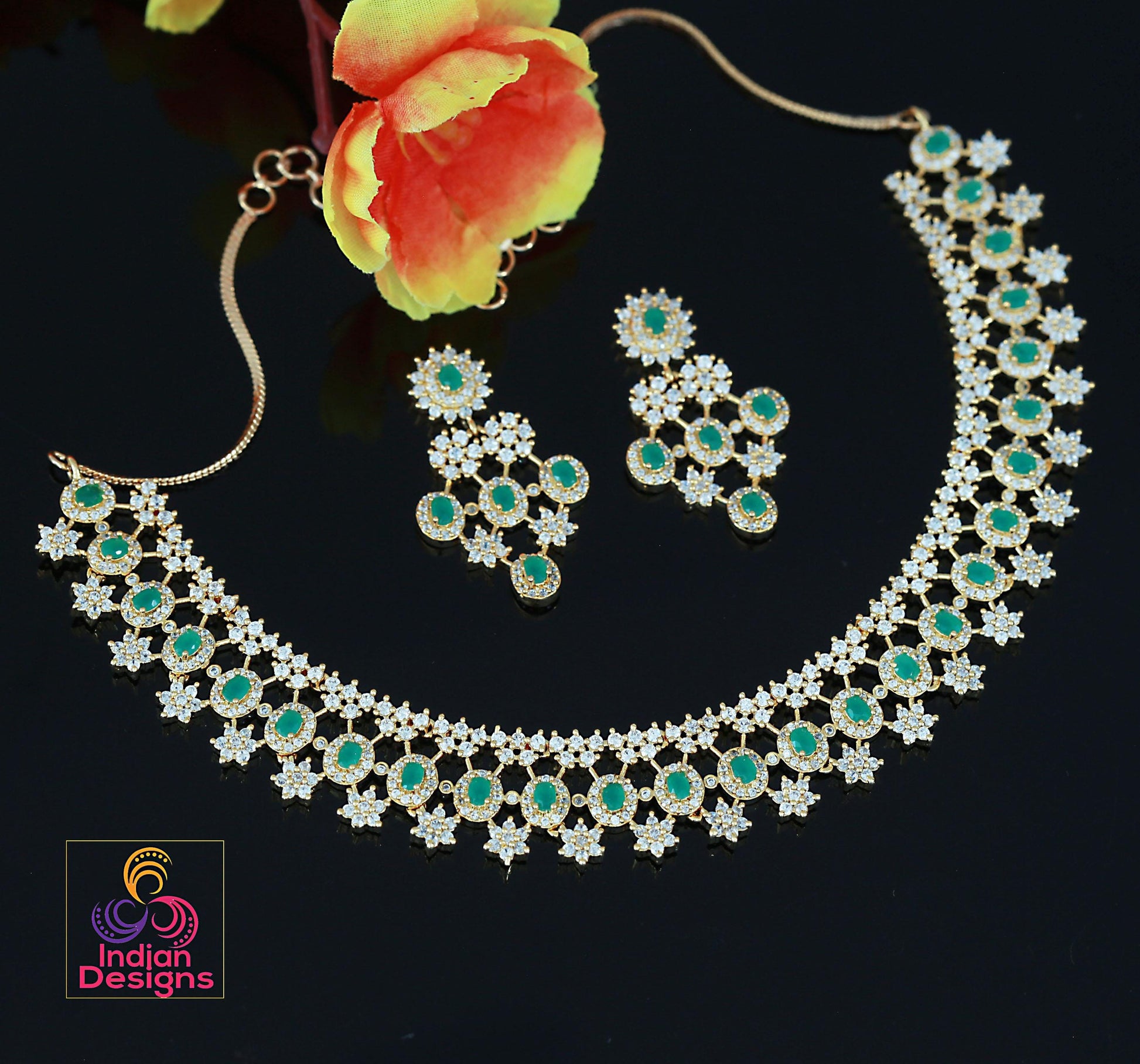 Emerald Green CZ Stone Necklace with Earrings| American Diamond Bridal Choker Set| Indian Wedding Jewelry| Party Wear Statement Necklace