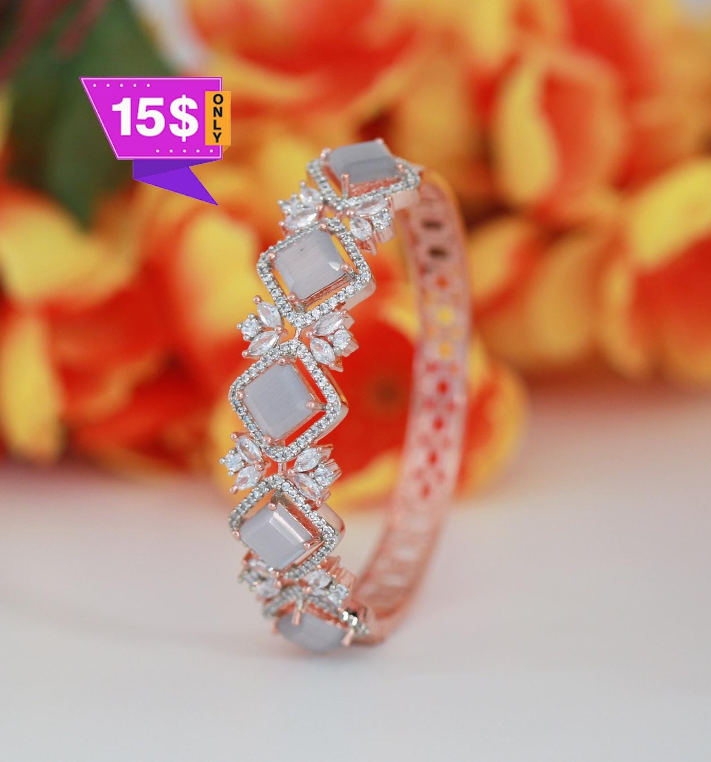 American Diamond Bangle Bracelet with CZ Stones| Rose gold floral bangle| daily wear bracelet| Party Wear Bangles| AD Bracelet| Gift for her