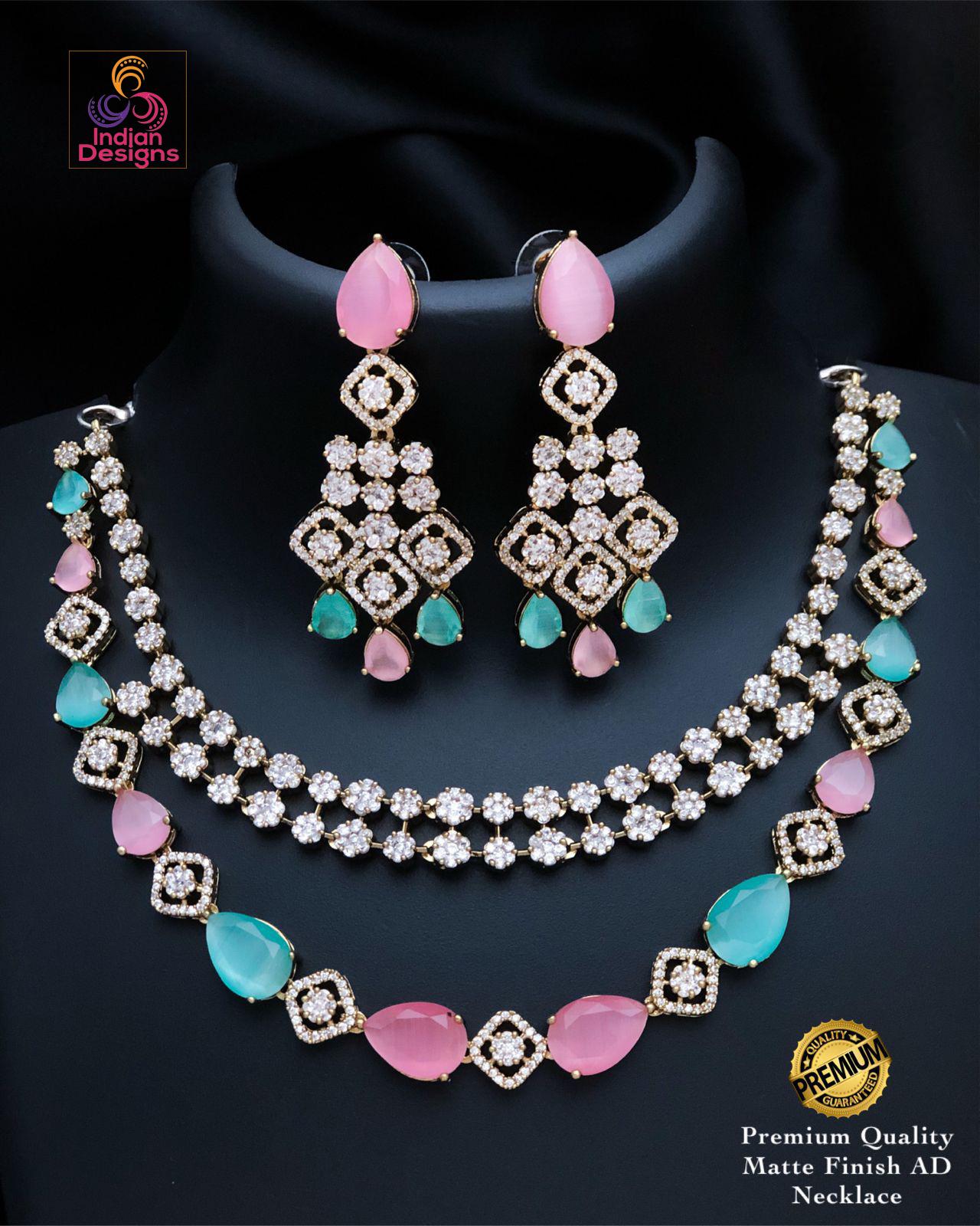 Matte Gold AD stone Necklace Set| Dual Layer CZ Stone Choker| Indian Wedding Party Jewelry| Statement Necklace| Green Ruby Pink Purple Aqua