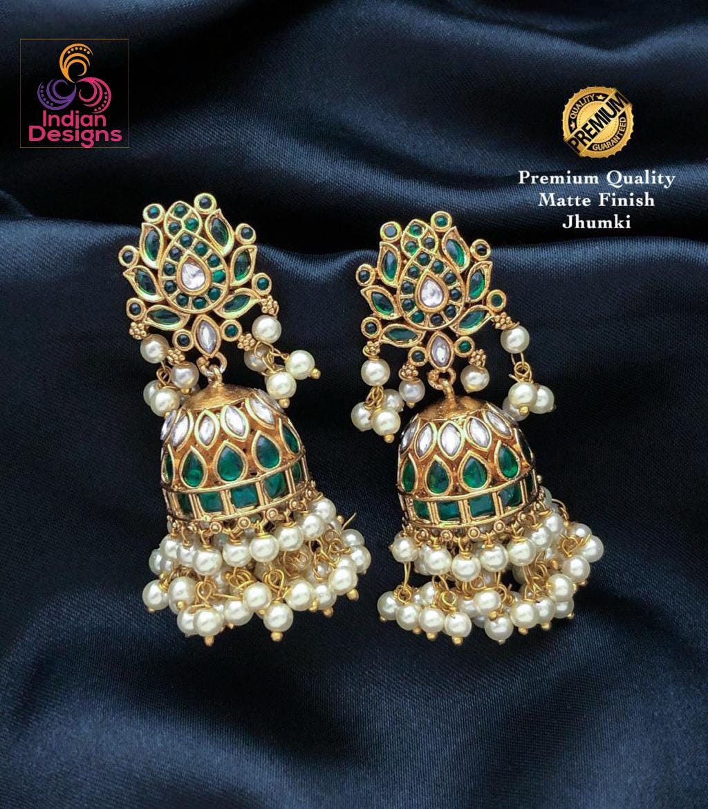 Matte Gold Finish Jhumki Earrings| Traditional Green Stone Jhumkas| Ruby Green Pearl Drop Jhumka| Antique Look Temple Jewelry| Gift for her