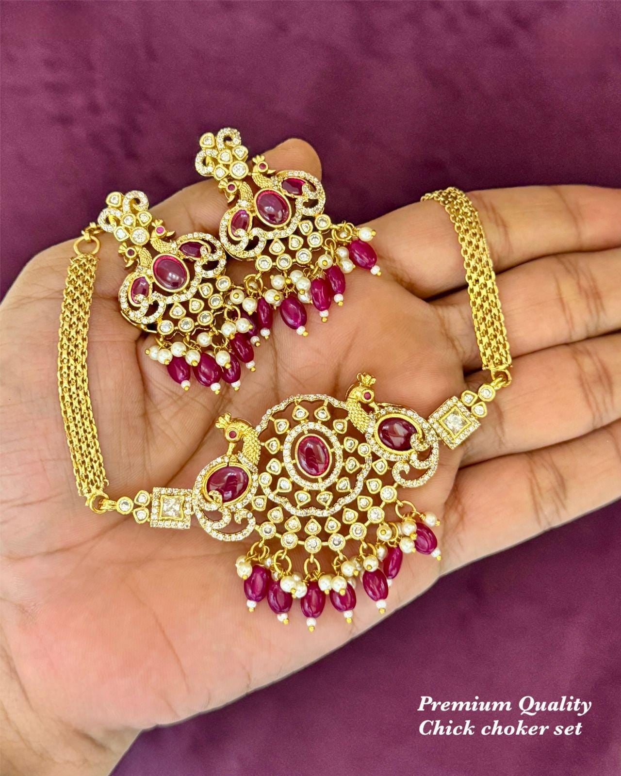 Peacock Design Choker Necklace Set with Matching Earrings|Gold Plated Chick Choker Necklace Set| South Indian Bridal Jewelry| Gift for her