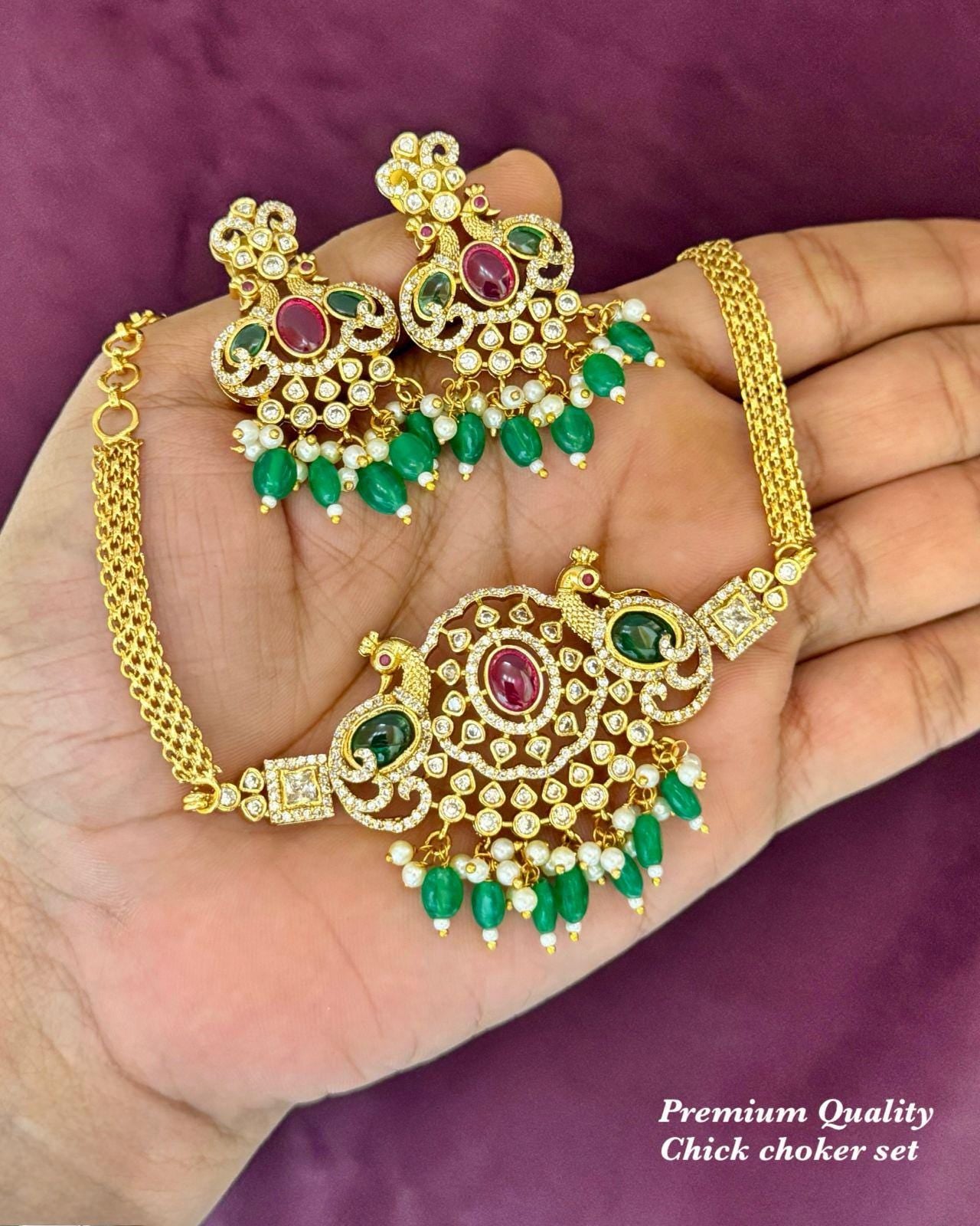 Peacock Design Choker Necklace Set with Matching Earrings|Gold Plated Chick Choker Necklace Set| South Indian Bridal Jewelry| Gift for her