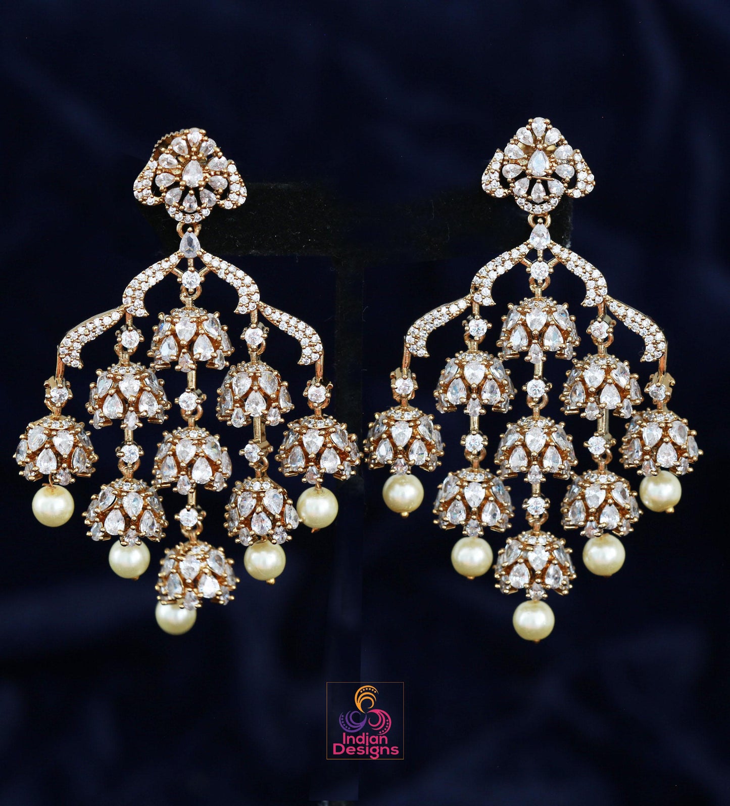 Indian Jhumka Earrings| Dull Gold AD Stone Dangle Chandbali| Pearl Drop Wedding & Festive Jewelry| Statement Earrings| Wedding Earrings