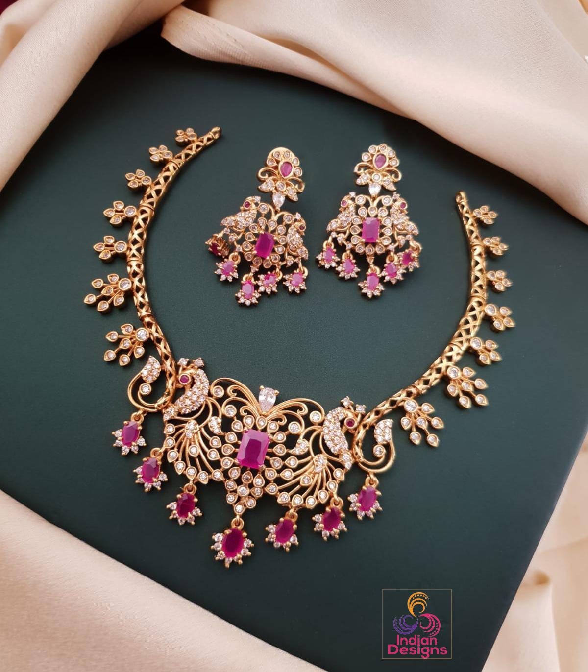 Matte Gold Plated Temple Jewelry Necklace Set| Indian Ruby Emerald Choker with Peacock Design Earrings| Traditional Festive & Bridal