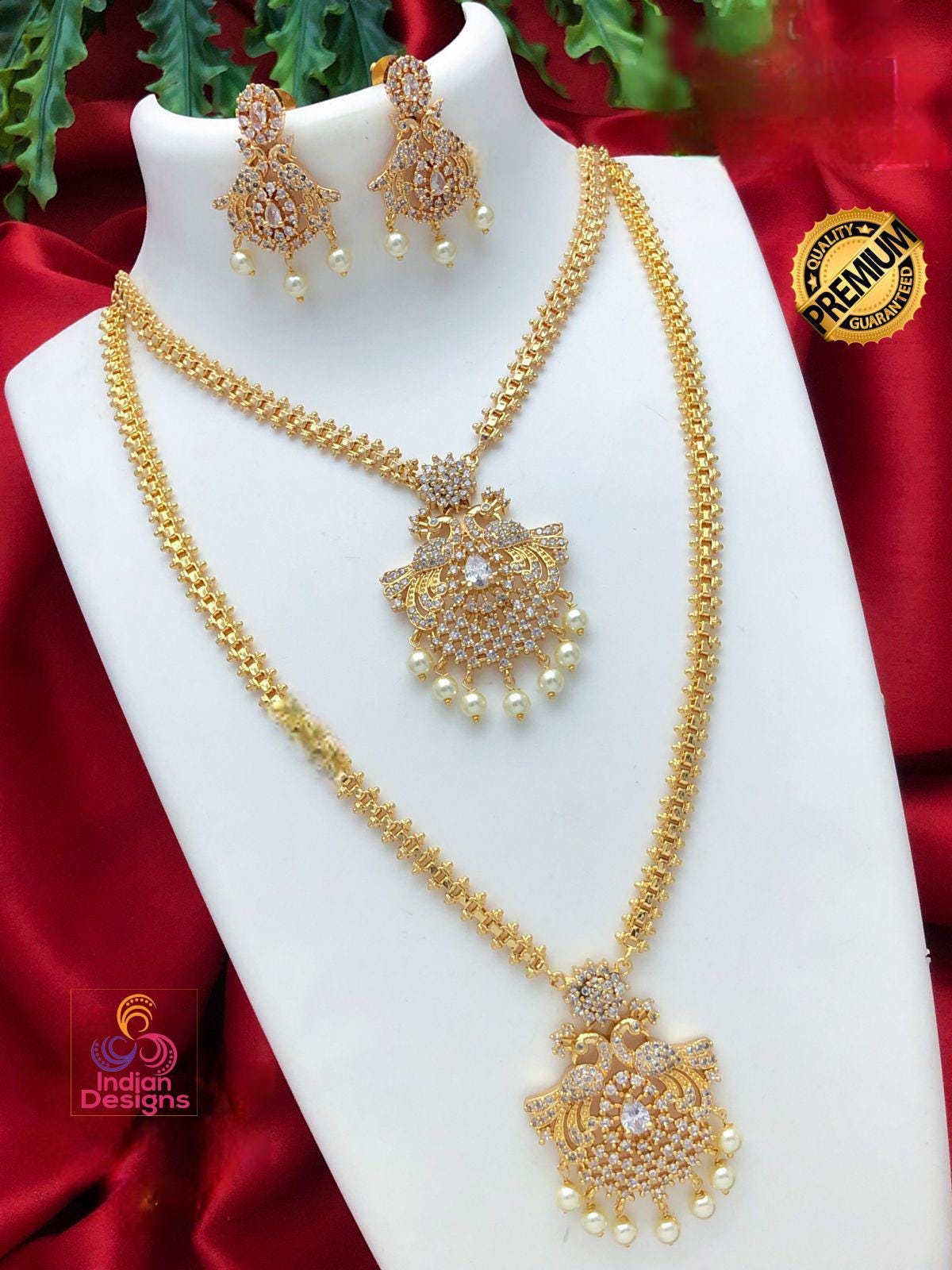 Gold Plated American Diamond CZ Haram Long & short necklace combo| South Indian Wedding Jewelry| AD Stone Ruby Emerald Pearl Drop Jewelry