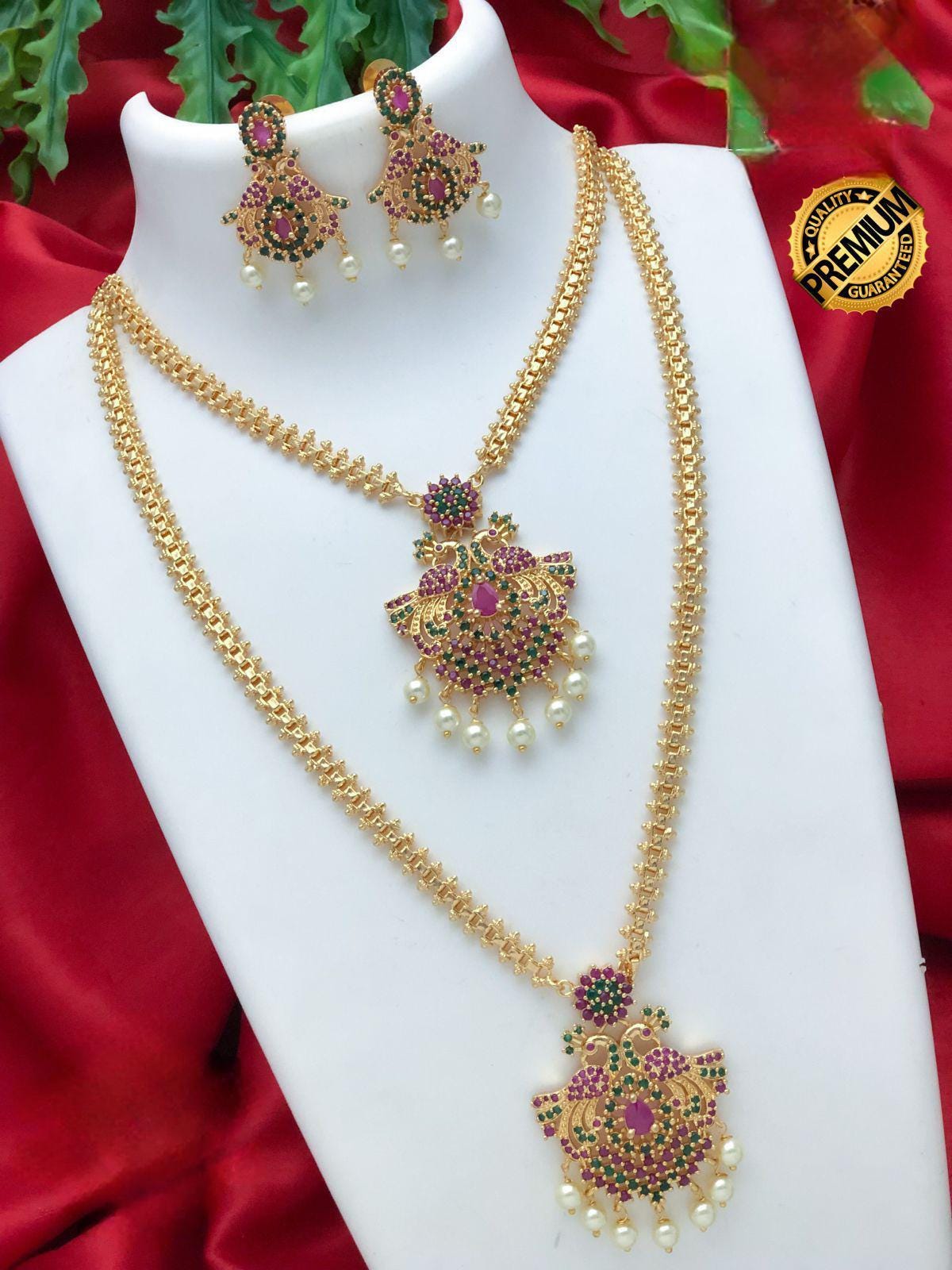 Gold Plated American Diamond CZ Haram Long & short necklace combo| South Indian Wedding Jewelry| AD Stone Ruby Emerald Pearl Drop Jewelry