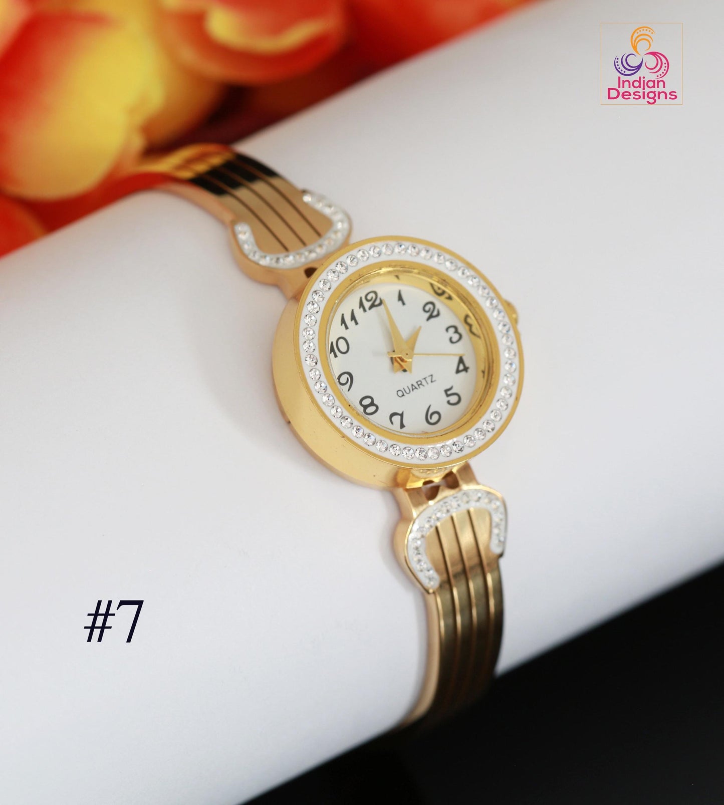 Gold Plated Cuff Bracelet Watch| AD Stone Analog Bangle| Multi-Color Ruby Emerald Statement Watch| Statement Watch| Indian Wedding Gift