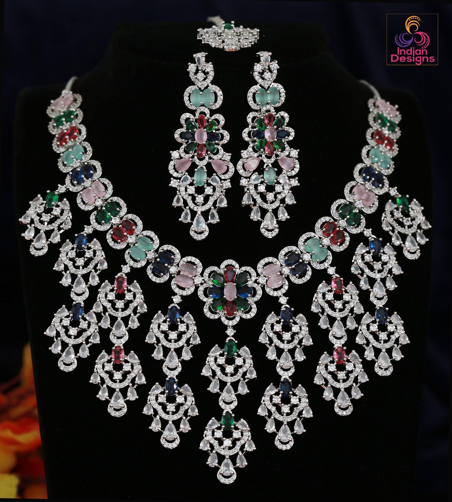 Grand Bridal & Wedding Statement Jewelry| AD Stone Choker Necklace| Multi Stone Diamond Replica Cocktail Jewelry| Modern Indian Wedding Set