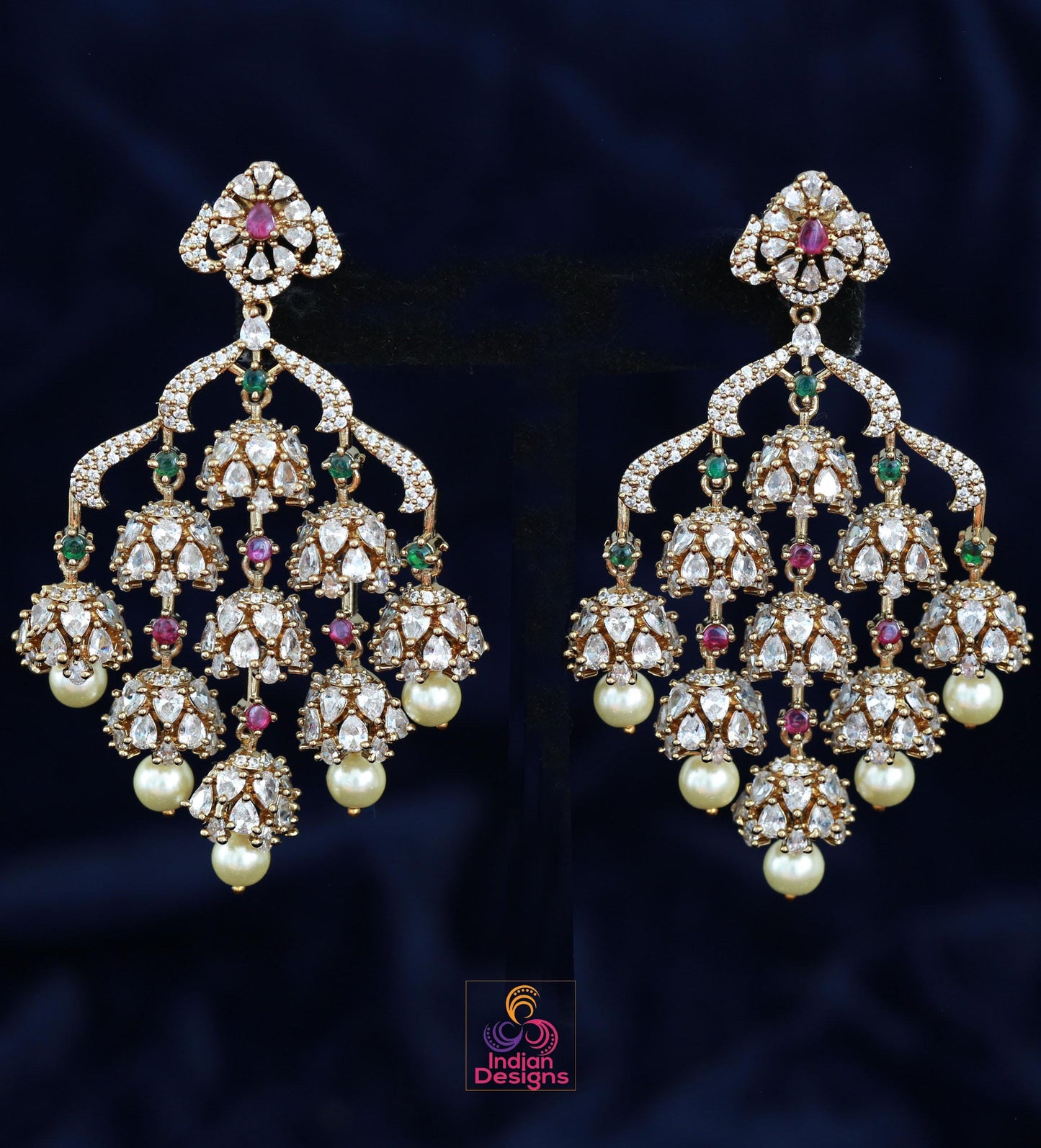 Indian Jhumka Earrings| Dull Gold AD Stone Dangle Chandbali| Pearl Drop Wedding & Festive Jewelry| Statement Earrings| Wedding Earrings