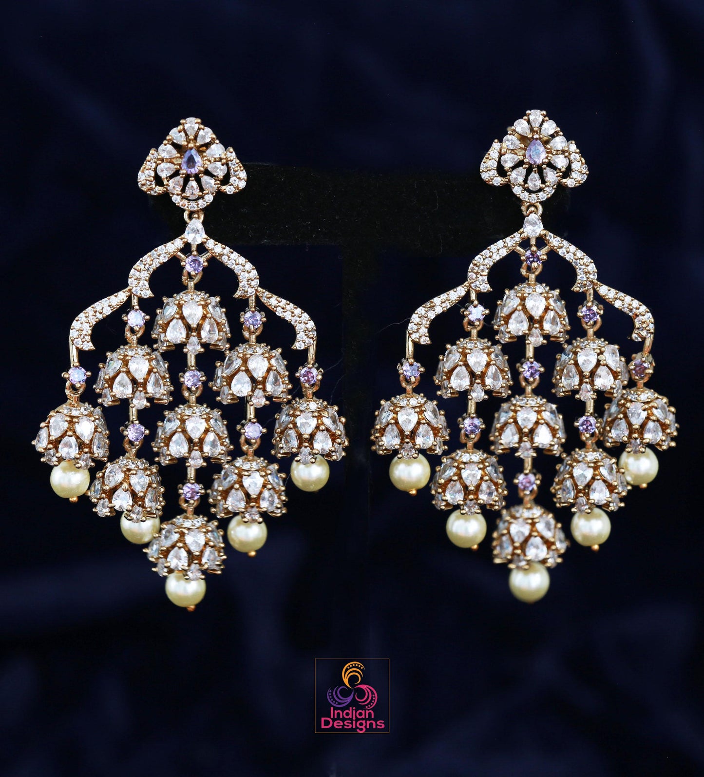 Indian Jhumka Earrings| Dull Gold AD Stone Dangle Chandbali| Pearl Drop Wedding & Festive Jewelry| Statement Earrings| Wedding Earrings