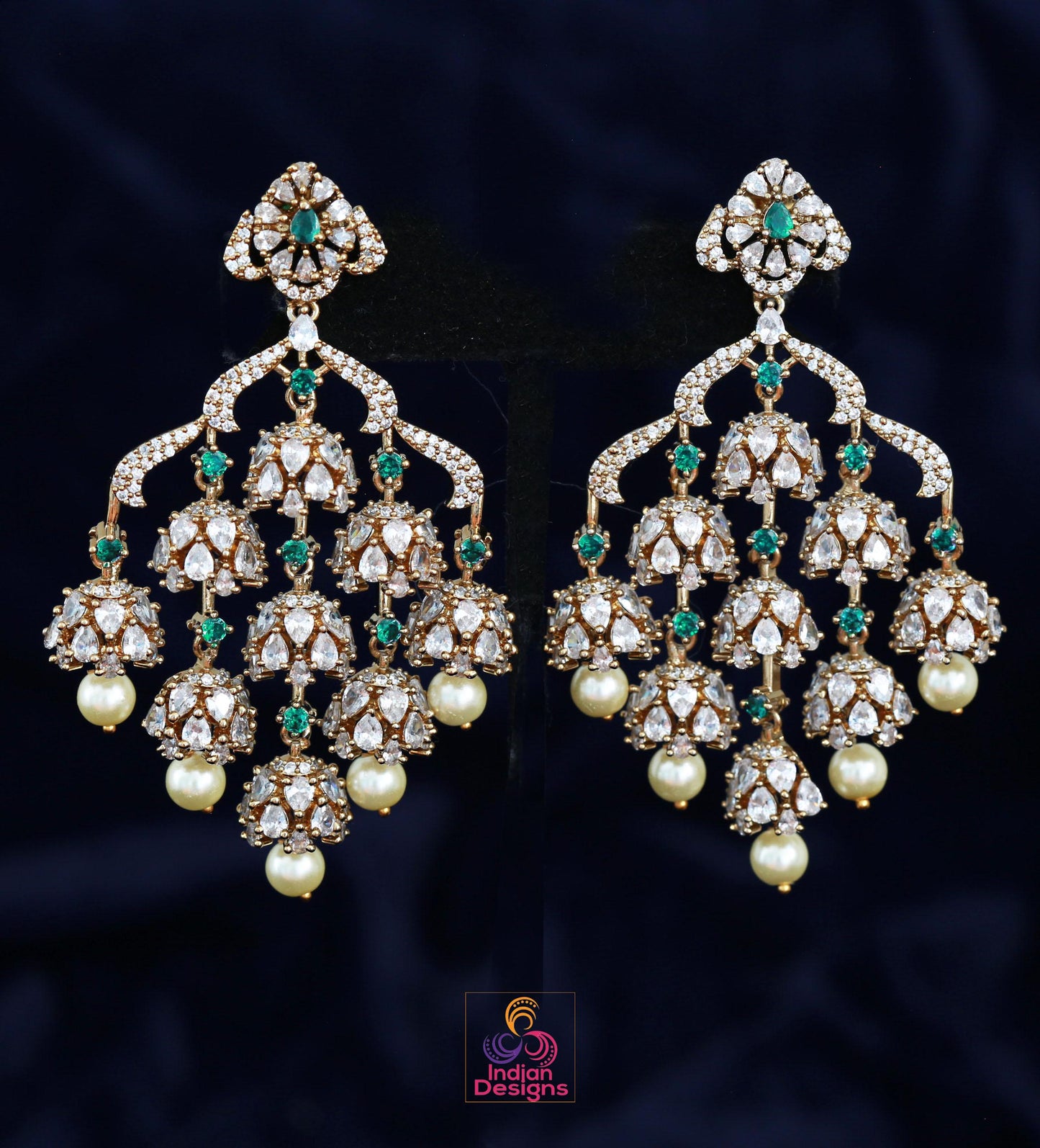 Indian Jhumka Earrings| Dull Gold AD Stone Dangle Chandbali| Pearl Drop Wedding & Festive Jewelry| Statement Earrings| Wedding Earrings