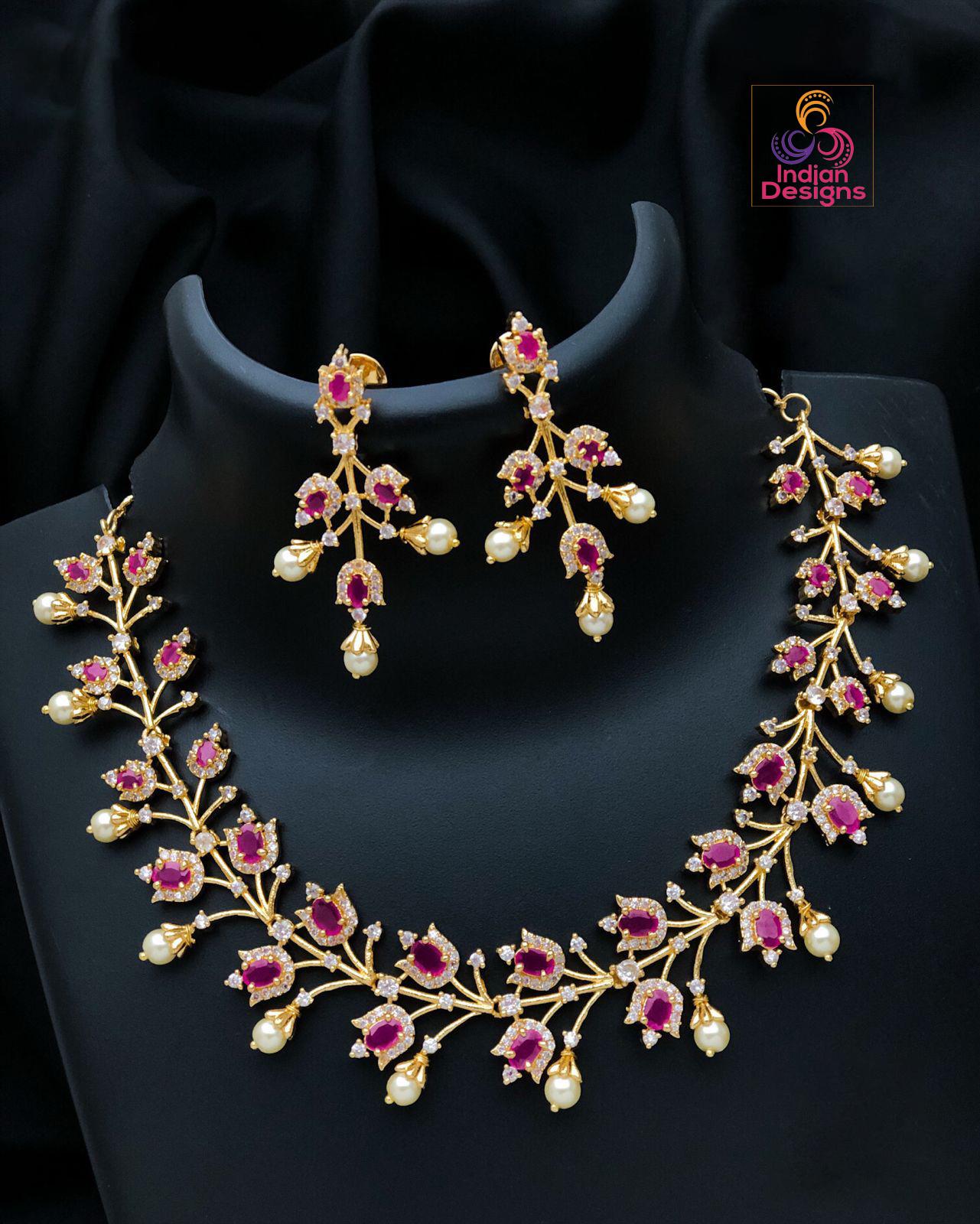 AD Stone & Pearl Indian Jewelry| American Diamond Ruby, Emerald Bridal Necklace| Gold Plated Wedding Set| Statement necklace| Gift for her