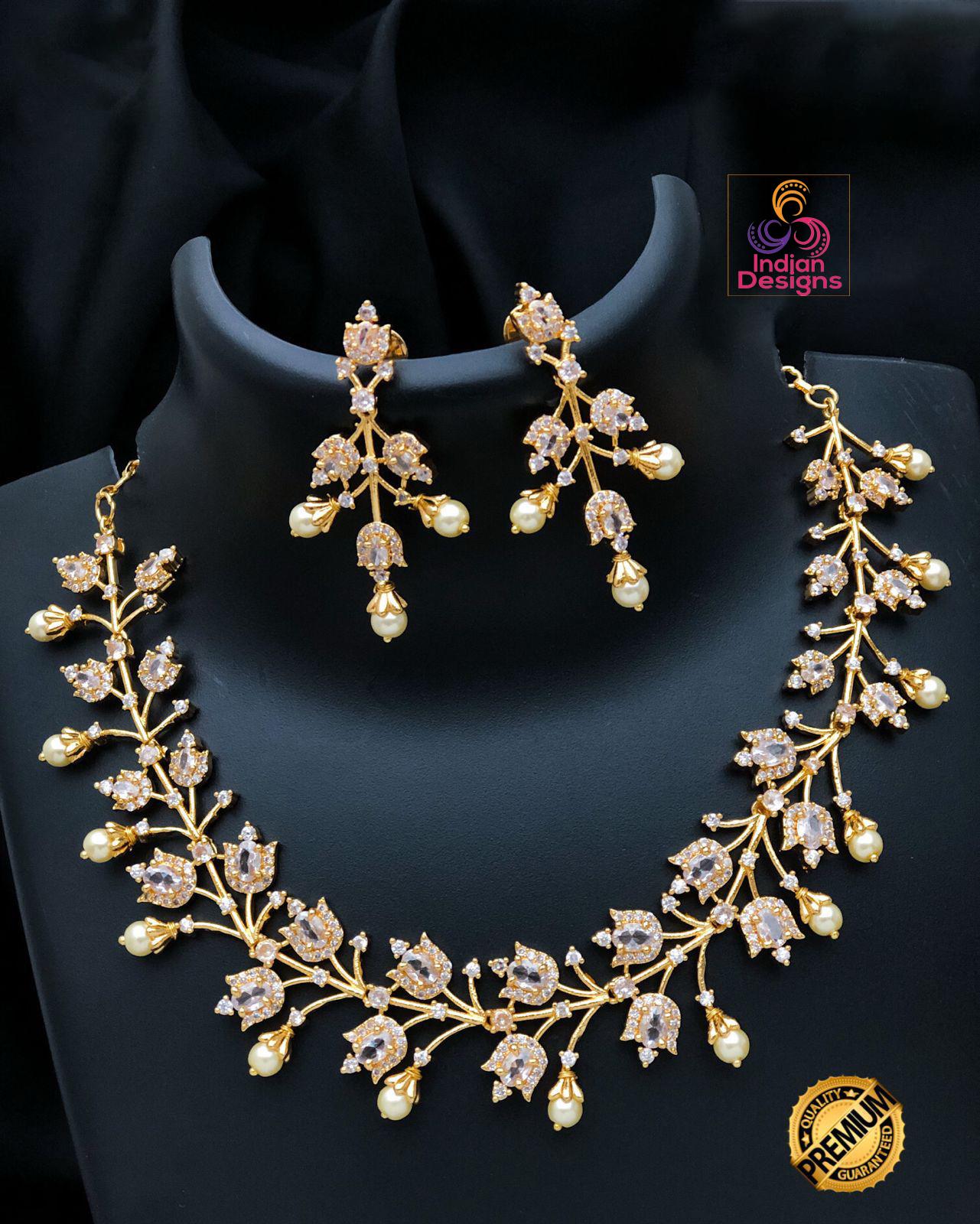 AD Stone & Pearl Indian Jewelry| American Diamond Ruby, Emerald Bridal Necklace| Gold Plated Wedding Set| Statement necklace| Gift for her