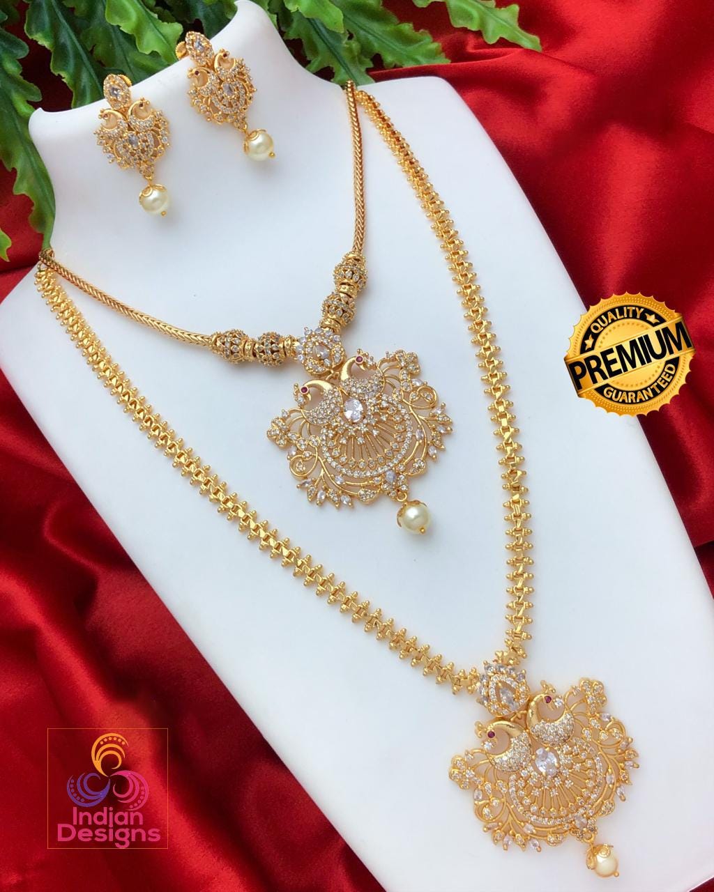 Gold tone American Diamond CZ Haram Long and short necklace combo, South Indian Wedding Jewelry set, Bollywood fashion Jewelry, Gift for Her