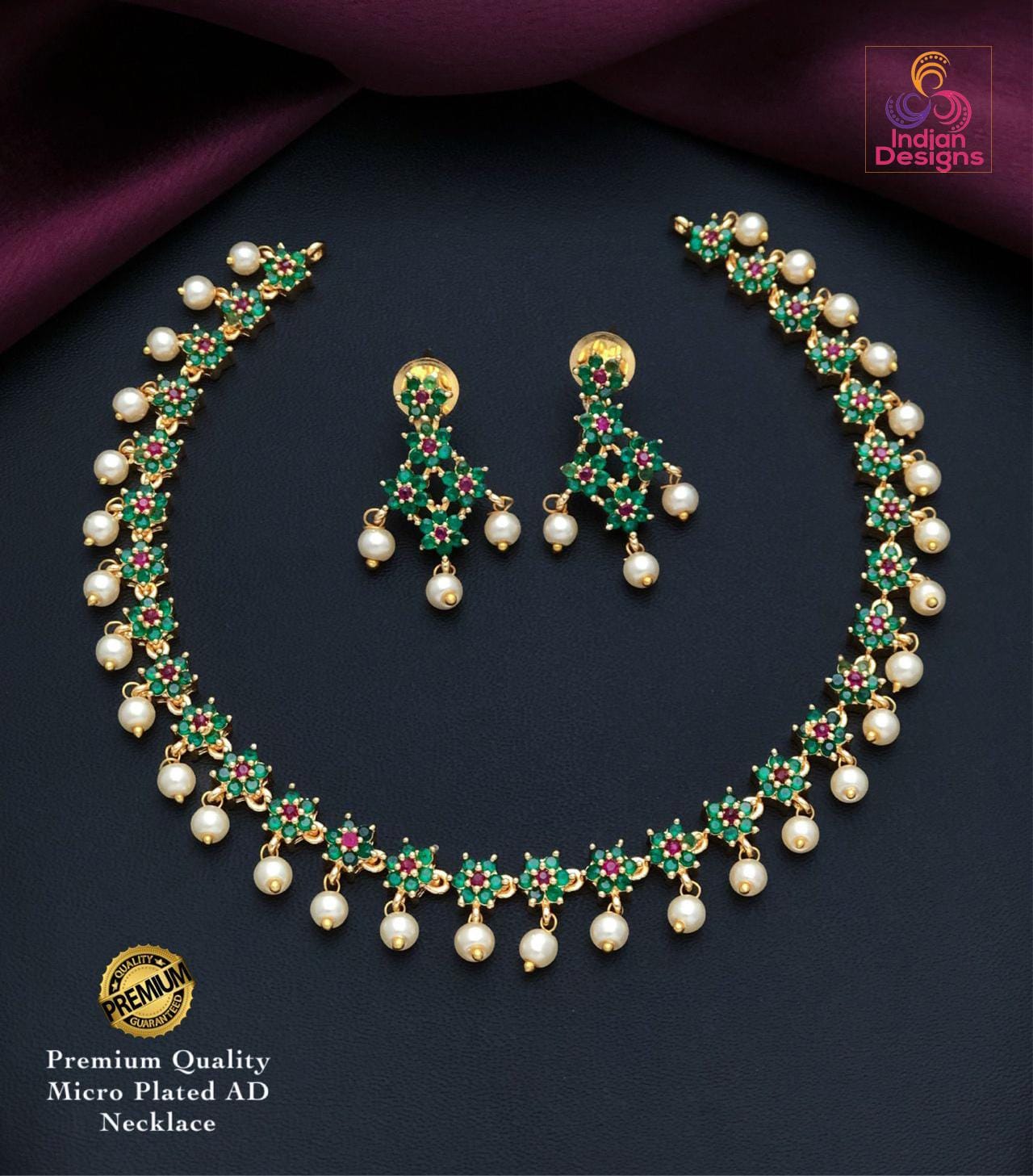 Gold Plated Choker Necklace Set| AD Stone & Pearl Drop Jewelry| American Diamond Jewelry| Minimalist Indian Necklace| Statement Choker