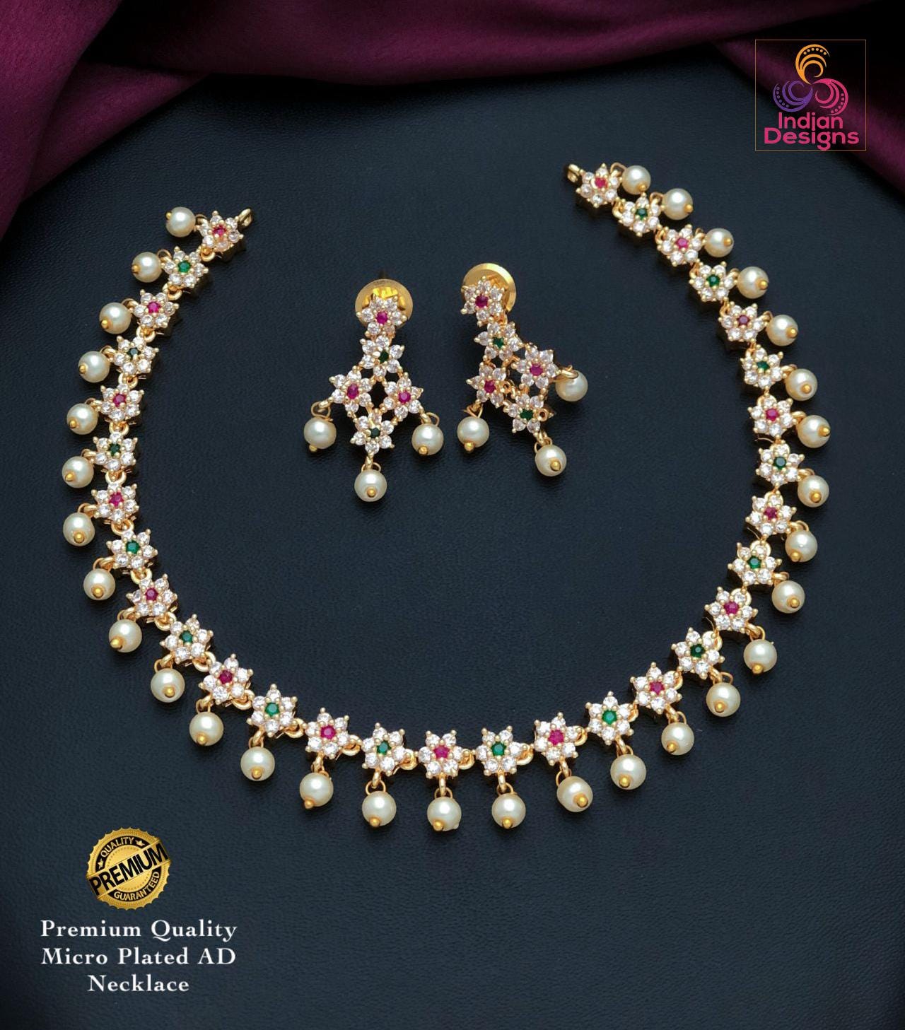 Gold Plated Choker Necklace Set| AD Stone & Pearl Drop Jewelry| American Diamond Jewelry| Minimalist Indian Necklace| Statement Choker