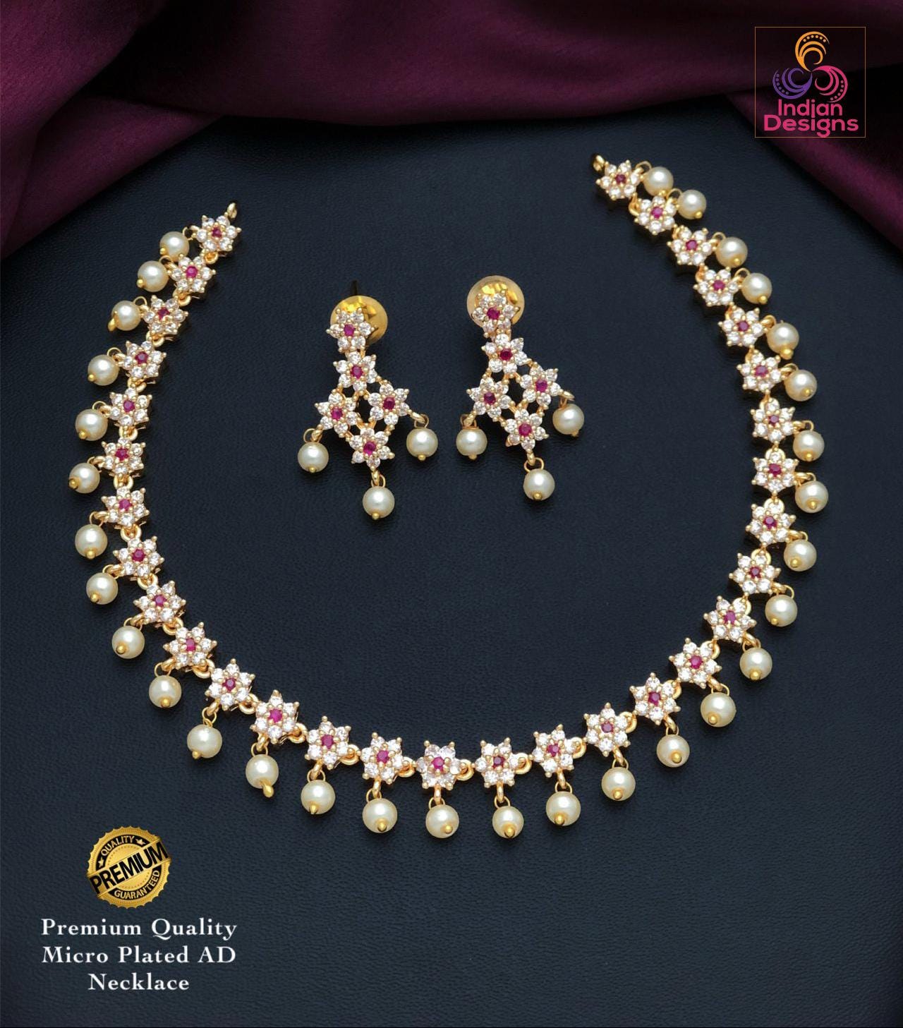 Gold Plated Choker Necklace Set| AD Stone & Pearl Drop Jewelry| American Diamond Jewelry| Minimalist Indian Necklace| Statement Choker